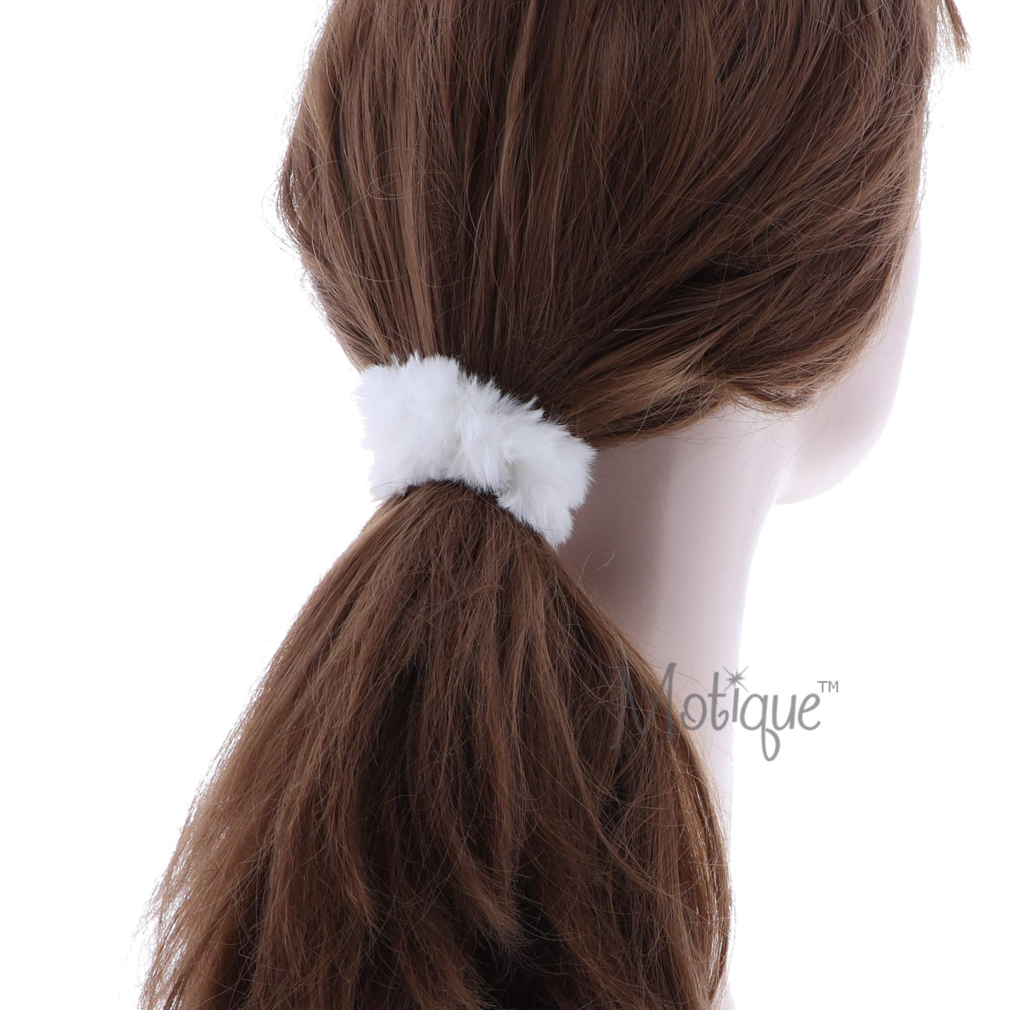 Small Fuzzy Fur Scrunchies Furry Pony Holder - Set of 10 - White for Girls Hair Accessories, School, Parties, and Daily Wear
