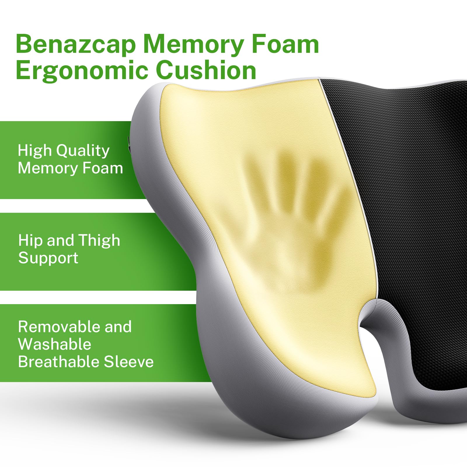 Benazcap X Large Orthopedic Seat Cushion for Sciatica & Tailbone Pain Relief - 2024 Upgraded Memory Foam Office Chair Cushion, Ergonomic Desk & Wheelchair Cushion - Perfect for Office, Car, Gaming & Long Sitting Sessions