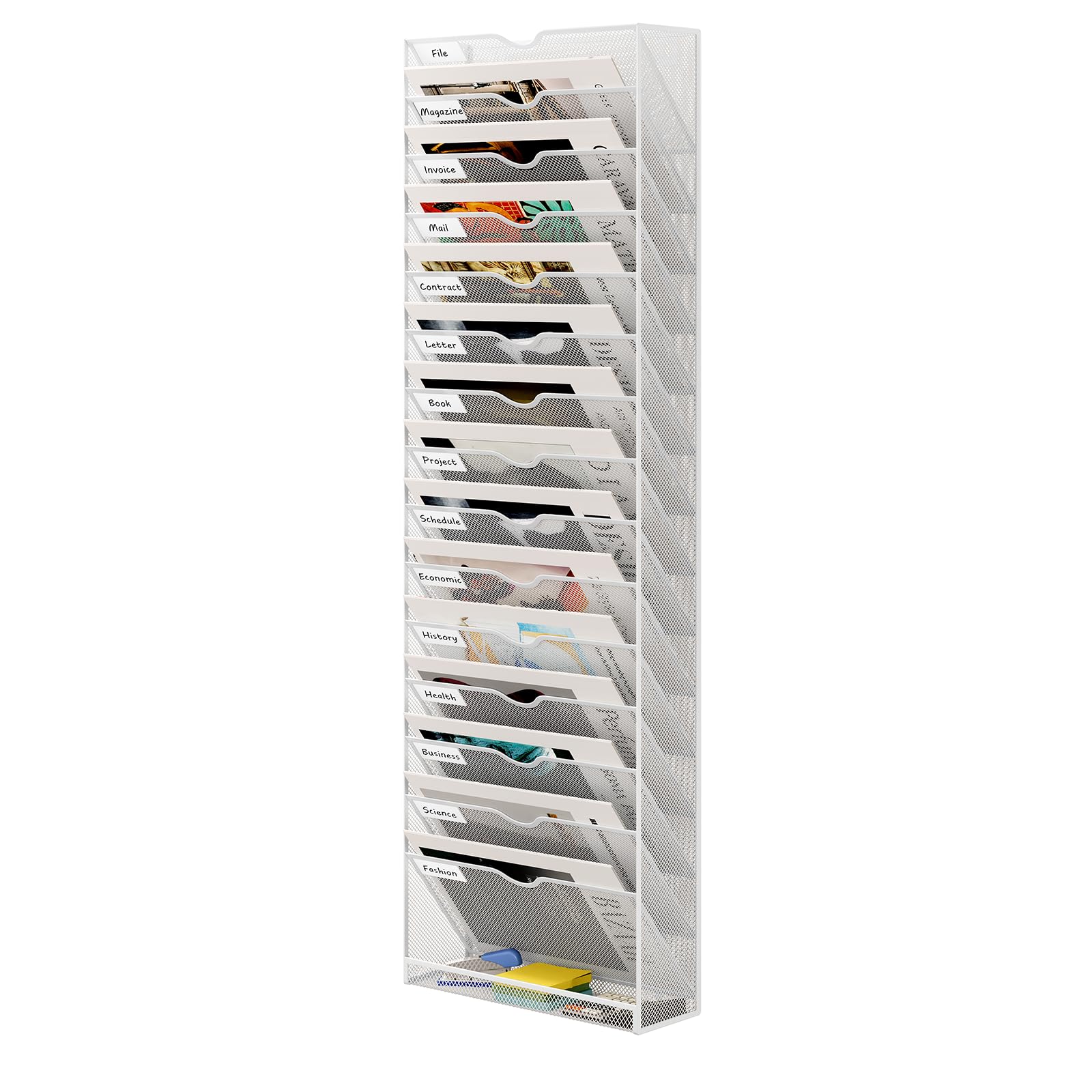 16-Pocket Mesh Wall File Holder - Metal Hanging File Organizer for Office & Home - Wall Mounted Mail Sorter - White Office Organization Solution - Perfect for Bills, Letters, Documents & Home Office Storage