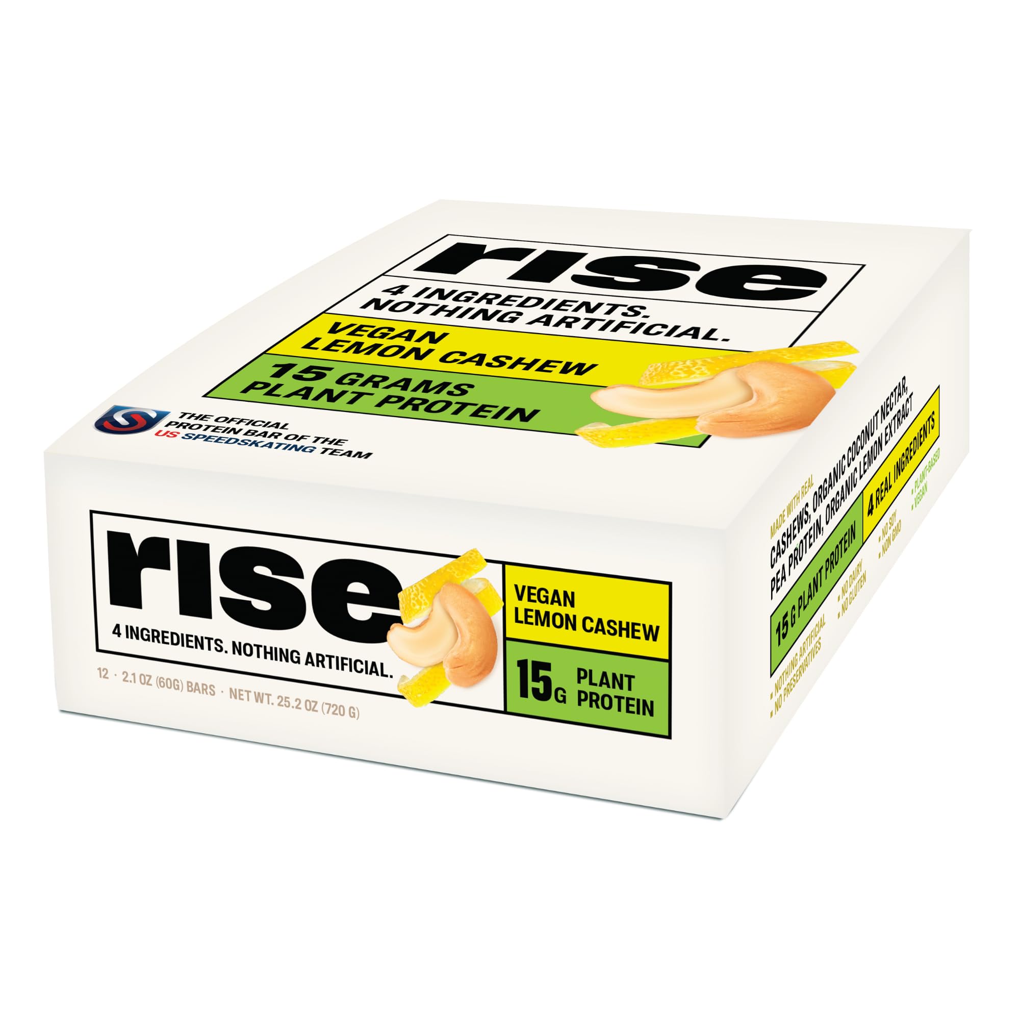 Rise Vegan Lemon Cashew Pea Protein Bar - 15g Plant-Based Protein, Non-GMO, Gluten & Soy Free, 3 Whole Food Ingredients | Healthy Breakfast Snack, Post-Workout Recovery, On-the-Go Nutrition