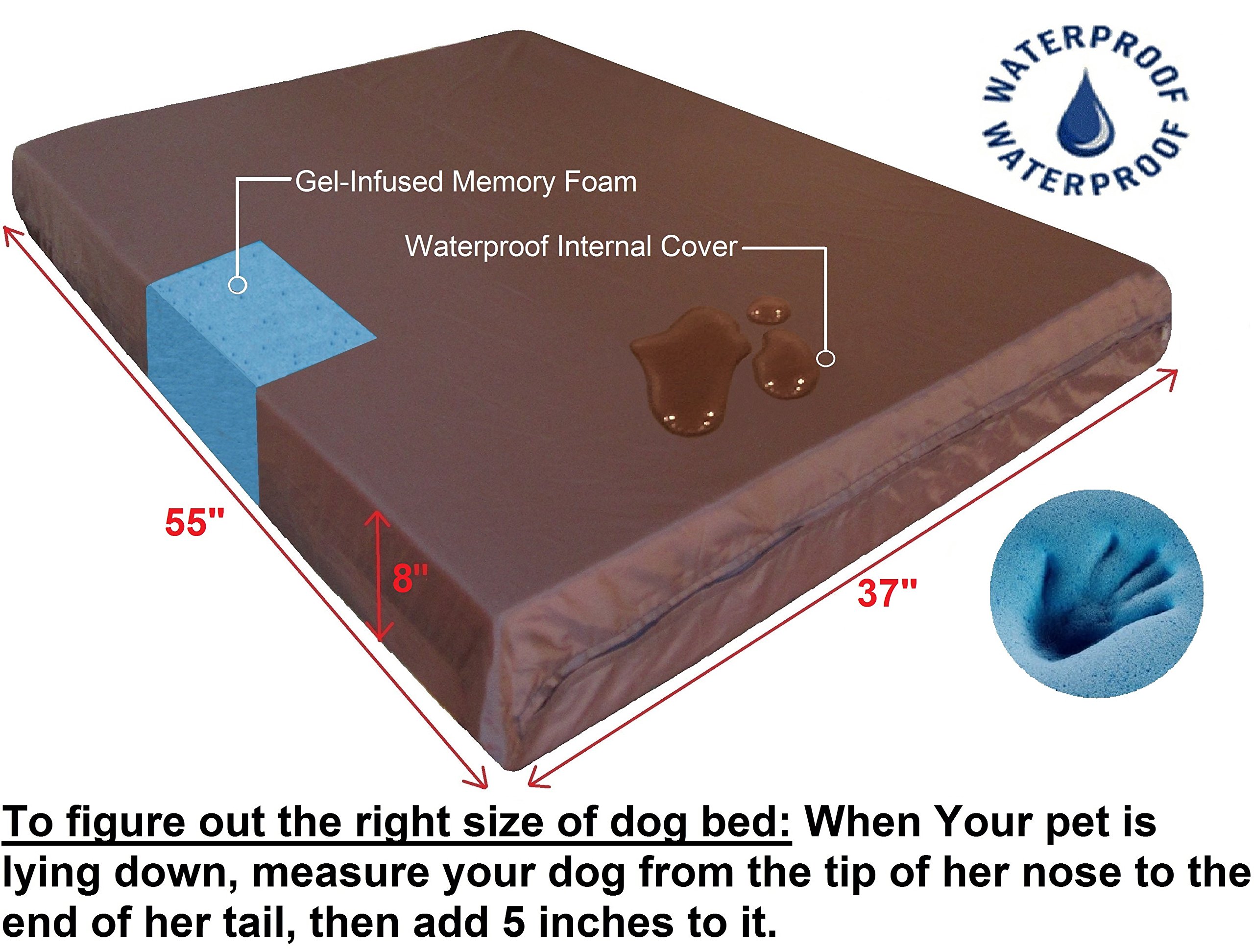 Jumbo Gel Memory Foam Dog Bed - Waterproof & Durable for Large Dogs - Home & Travel Use
