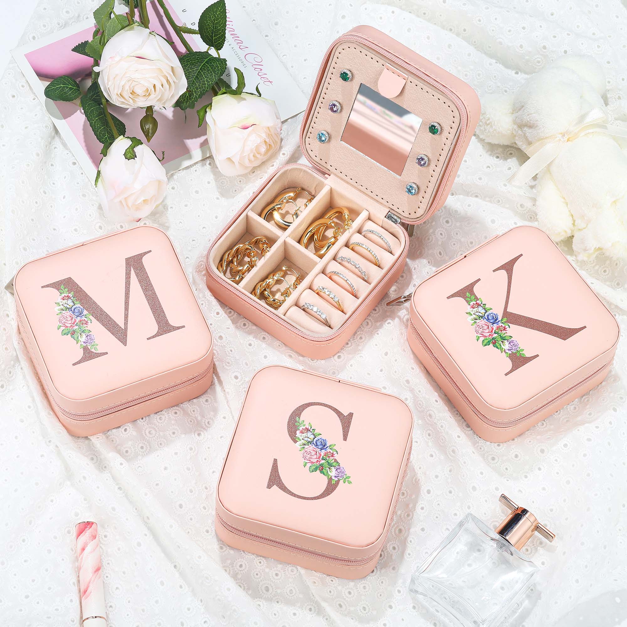 Yesteel Compact Travel Jewelry Organizer Box - Portable Ring & Earring Storage Case for Women | Perfect for Vacation, Business Trips & Daily Organization | Letter K Design