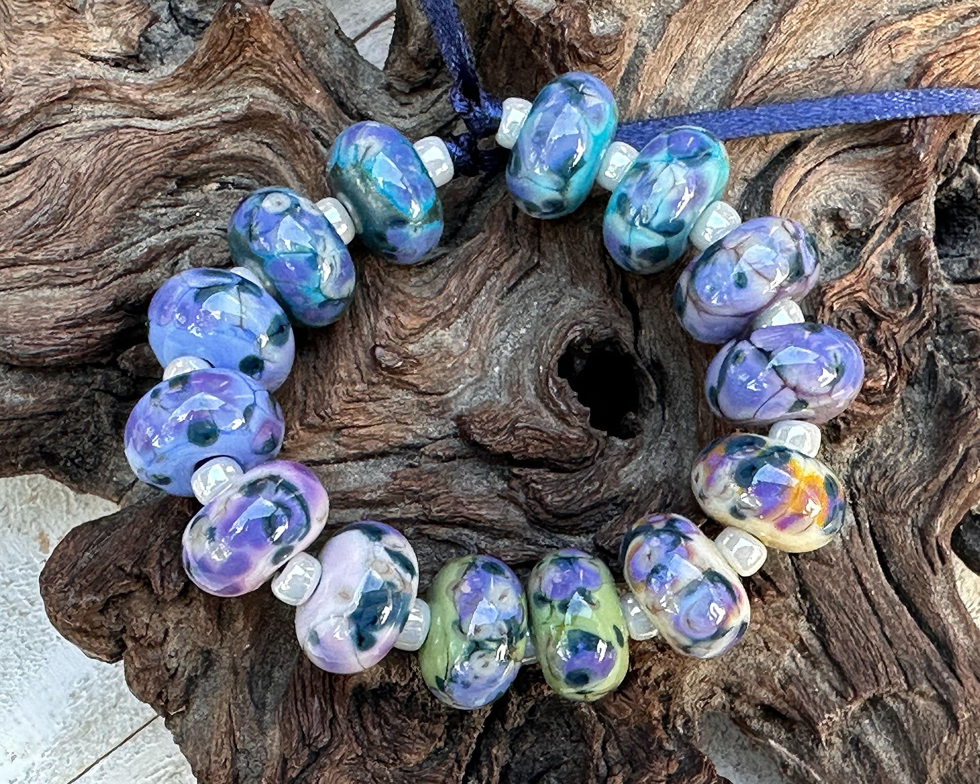 14pcs Blueberry Bliss Mosaic Lampwork Glass Beads Set for Jewelry Making - DIY Bracelet, Necklace & Craft Projects (SRA Certified) - Perfect for Beaders, Artists & Gift Giving