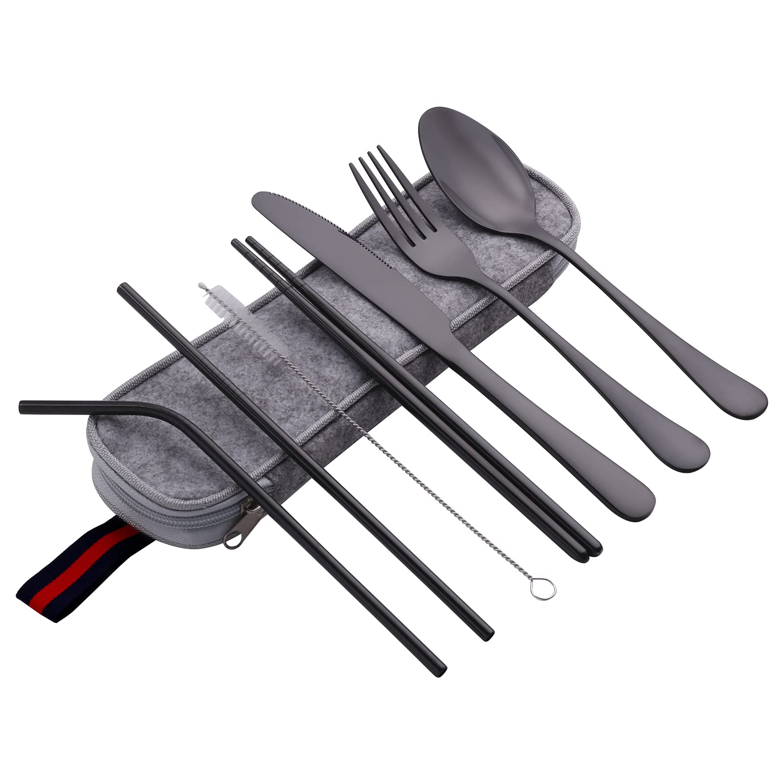 Portable 8-Piece Stainless Steel Travel Utensil Set with Case - Reusable Camping Silverware for Outdoor Picnics, Office Lunch, School Meals & Backpacking - Durable Cutlery Set for Camping, Hiking, Travel & Daily Use (Black)