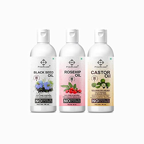 **PuriFlame 100% Pure Black Seed Oil 50ml + Rosehip Oil 50ml + Castor Oil 50ml Combo for Fast Hair Growth, Anti-Hair Loss, Split Ends Repair & Shiny Hair – Natural Hair Care Set (Pack of 3) – Perfect for Daily Scalp Massage & DIY Hair Treatments**
