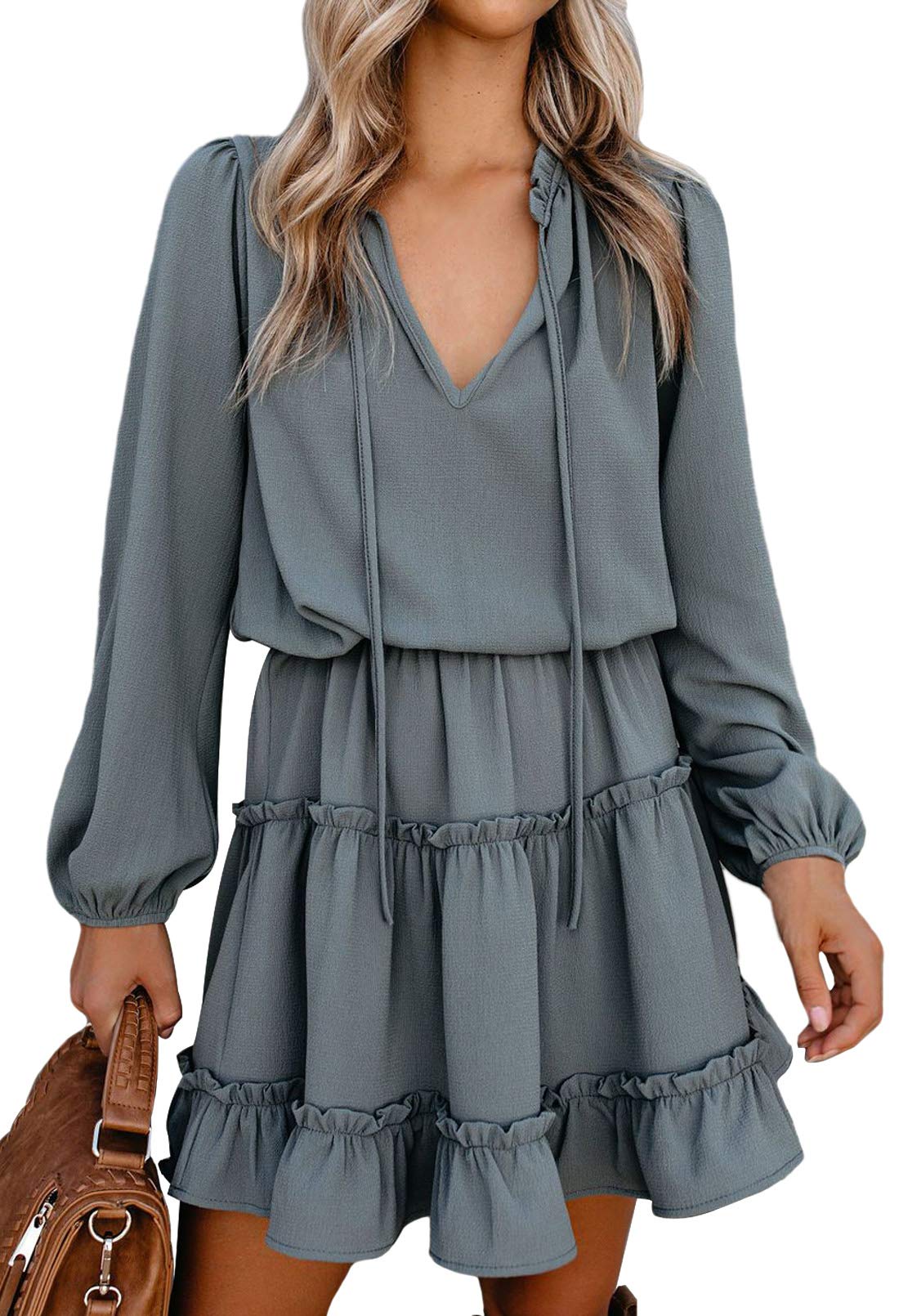 LaSuiveur Women's Flowy V-Neck Ruffle Tiered Mini Dress - Long Sleeve High Waist Swing Dress with Dot Print for Fall, Casual Wear, Date Night & Office Outfits