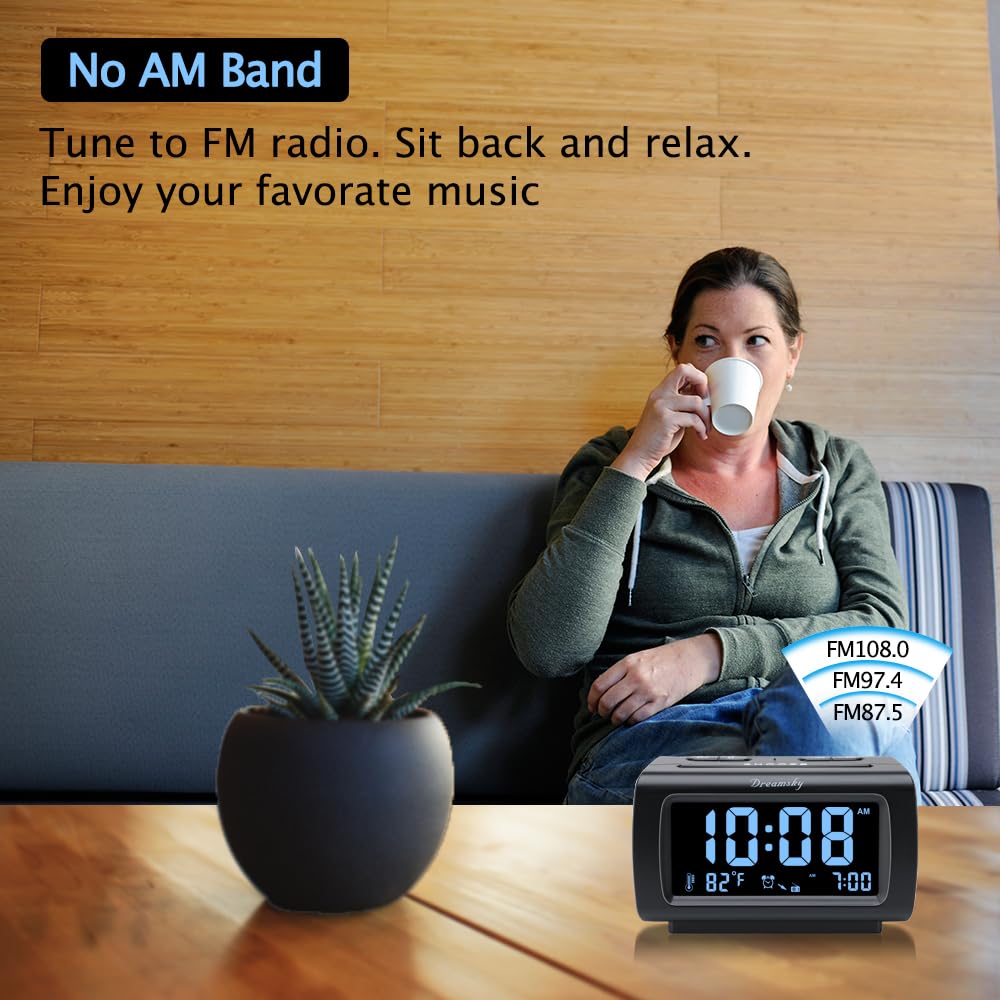 DreamSky Digital Alarm Clock Radio with Large Display, Battery Backup, USB Port & Sleep Timer - Adjustable Brightness, Volume & Snooze - FM Radio with Temperature Display for Bedroom, Office & Travel
