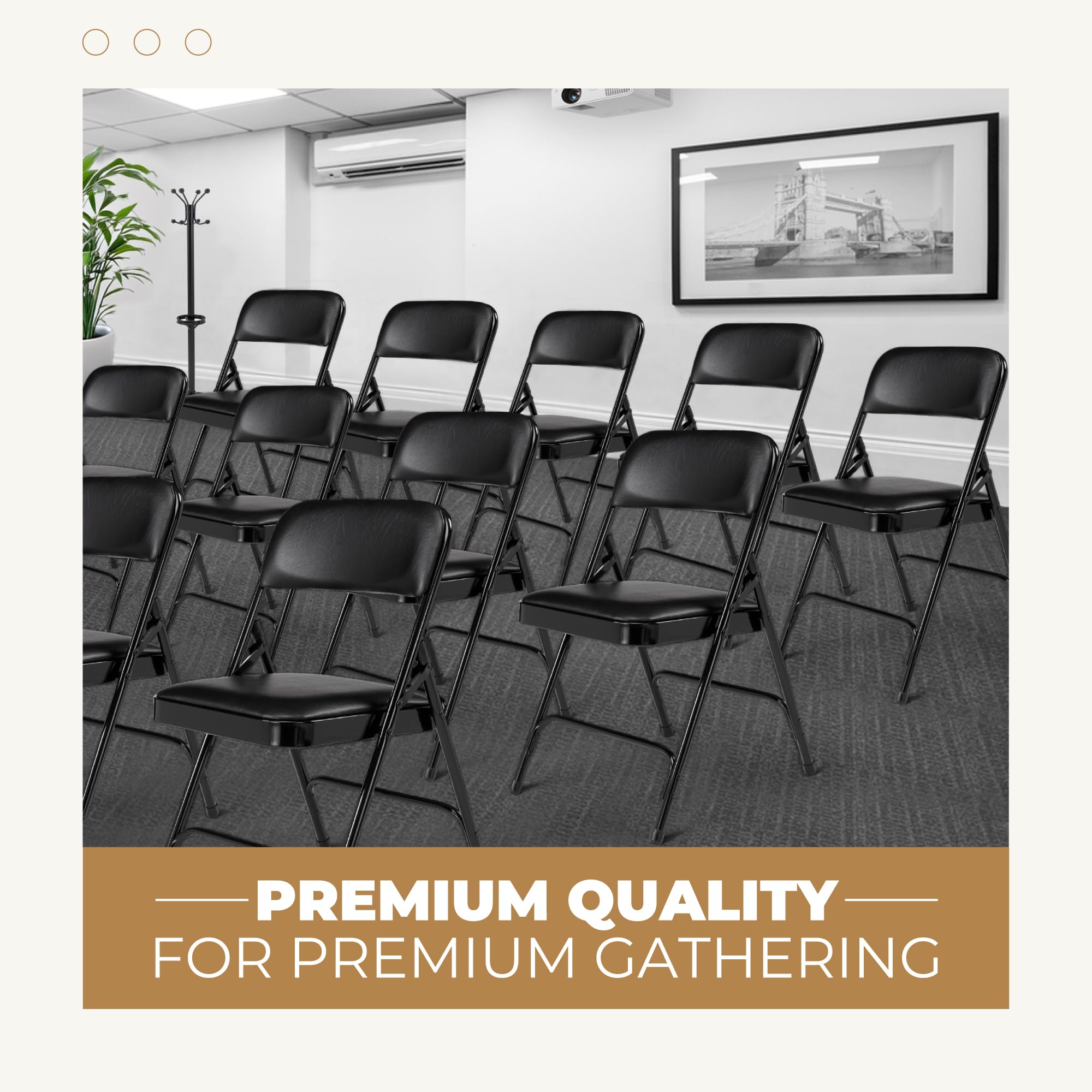 OEF Furnishings (4 Pack) Premium Vinyl Padded Folding Chairs - Heavy Duty Stackable Chairs for Home, Office, Wedding, Party & Events - Comfortable Black Seating Solution