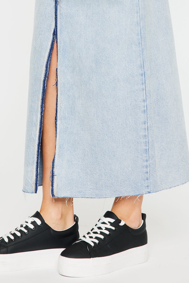 Stylish Babe Maxi Denim Skirt for Women - High Waist Stretch Denim Long Skirt with Pockets - Perfect for Casual Outfits, Summer Dresses & Boho Fashion