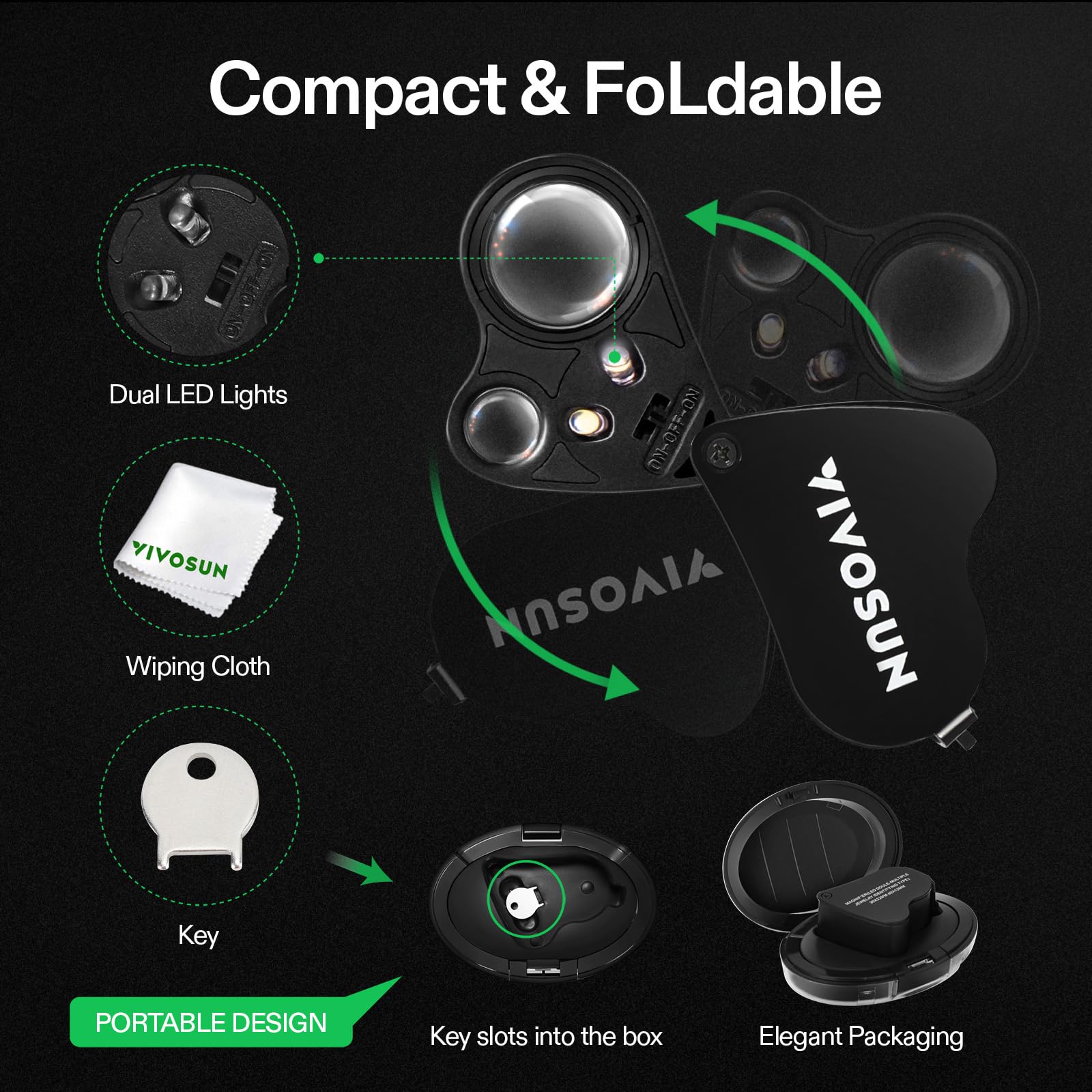VIVOSUN 30X 60X LED Illuminated Jewelers Loupe - Foldable Magnifying Glass for Jewelry, Gems, Watches, Coins, Stamps & Antiques - Perfect for Gemologists, Collectors & Hobbyists (Black)