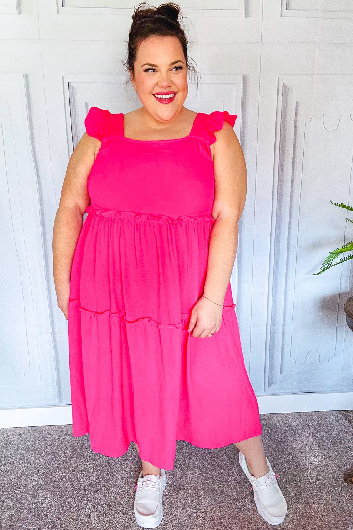 Fuchsia Smocked Flutter Sleeve Tiered Midi Dress for Women - Elegant Summer Casual & Wedding Guest Outfit