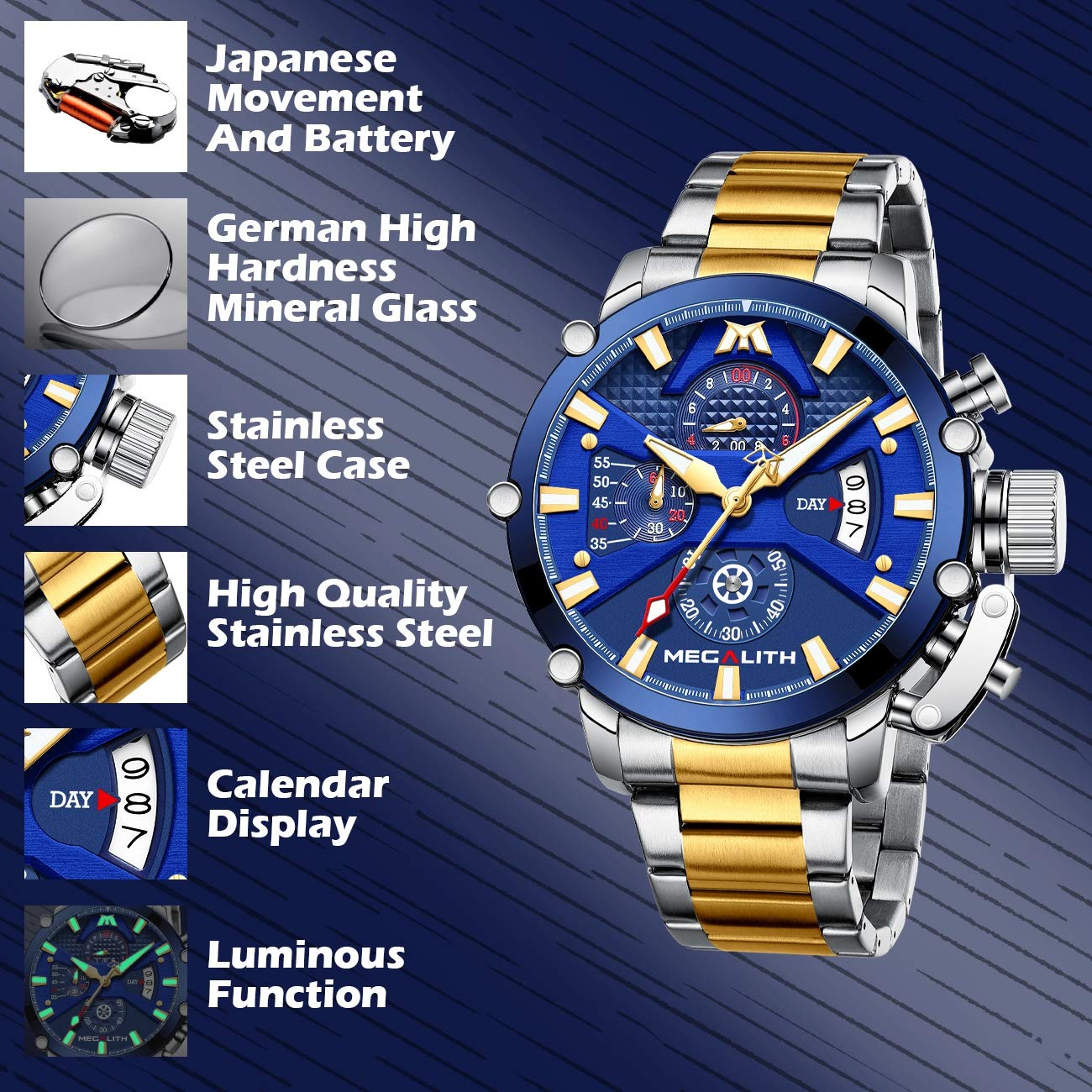 MEGALATH Men's Stainless Steel Chronograph Watch 45mm - Waterproof Analog Quartz Date Luminous Multifunctional Wristwatch for Men - Perfect for Outdoor, Business, Casual & Sports Wear