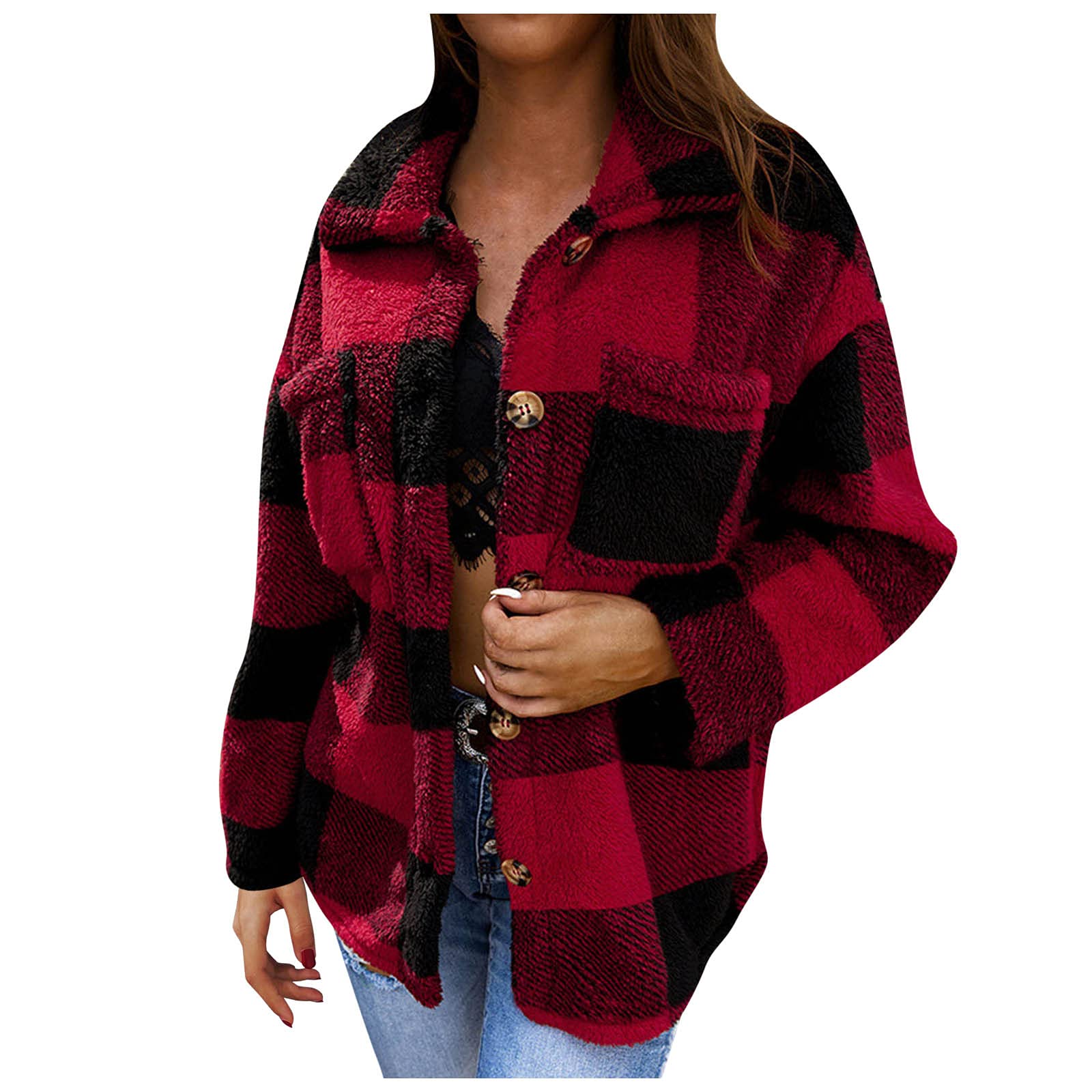 Fall Women's Checkered Print Premium Coat - Plush Jacket & Cardigan | Warm Blouse Top Acne Jacket for Autumn Outfits & Casual Wear
