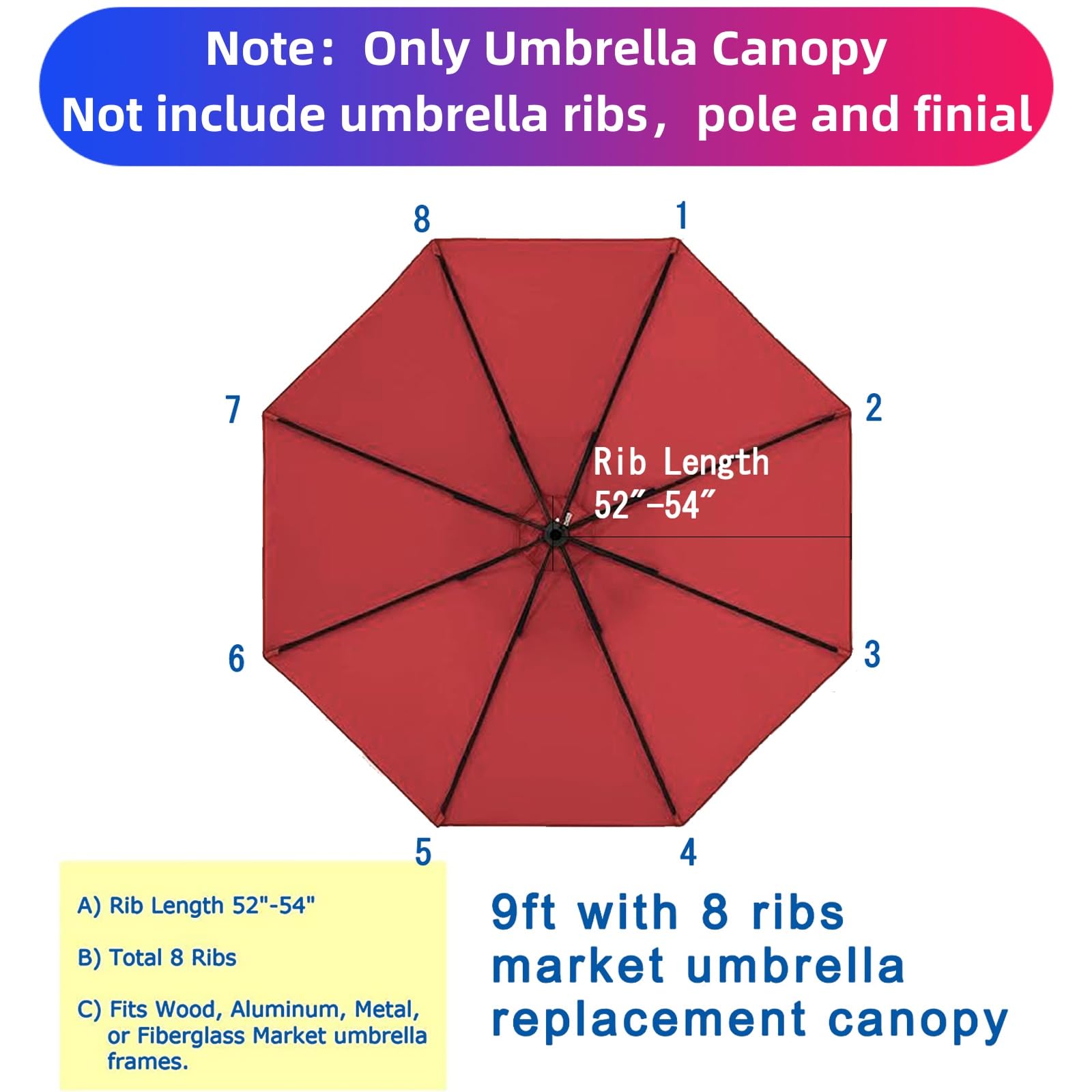 9ft Replacement Canopy for Patio Umbrella - Outdoor Table Market Yard Umbrella Top with 8 Ribs | Perfect for Backyard, Poolside, and Outdoor Dining Areas