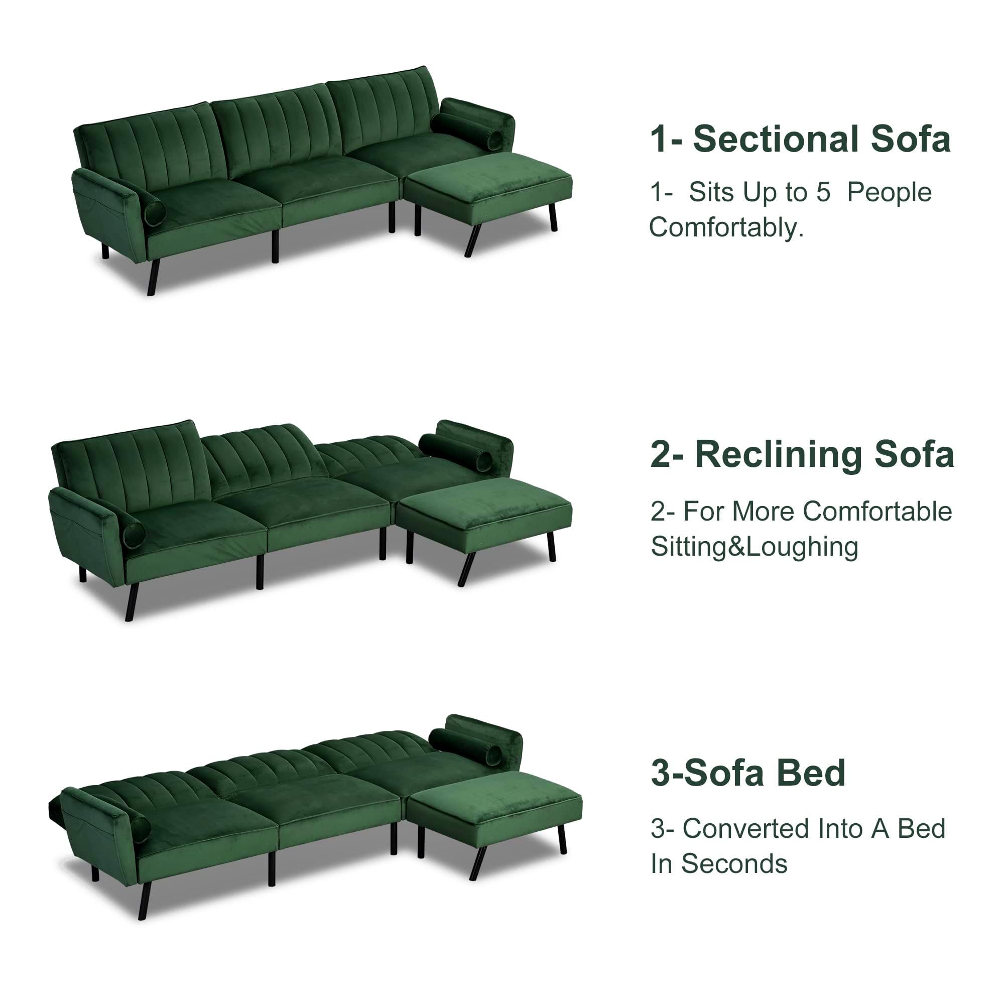 DURASPACE Velvet Convertible Sectional Sofa with Chaise & USB Ports, 106.5