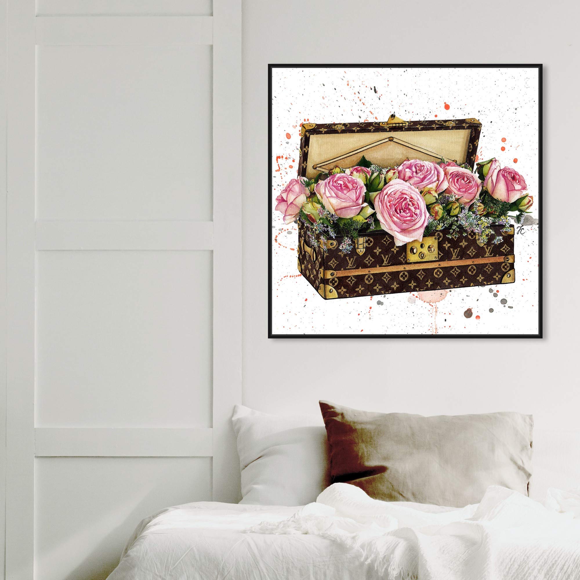 Oliver Gal Artist Co. 'Doll Memories - Trunk Full of Flowers' Fashion Glam Wall Art Canvas Print - 30x30 Inch Pink & Brown Home Decor for Living Room, Bedroom, or Office