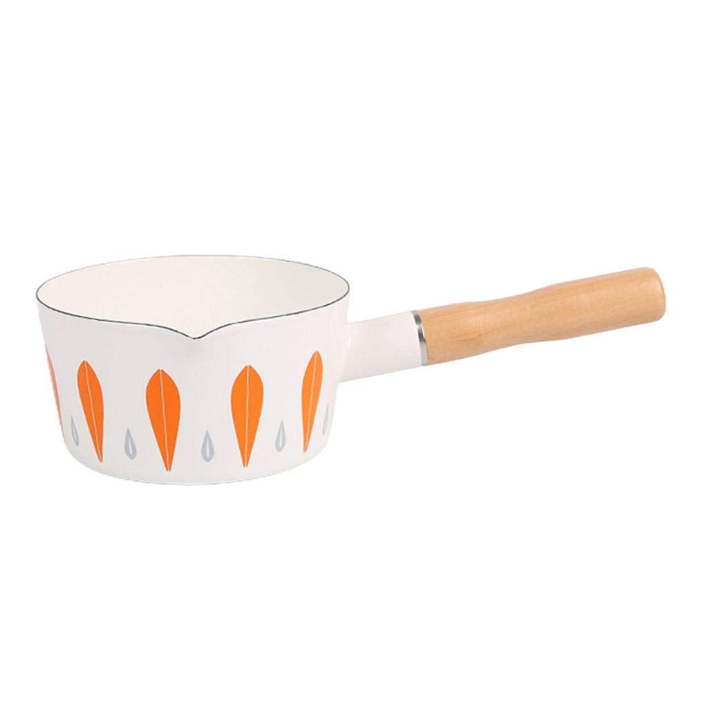 1L Enamel Milk Pot with Wooden Handle - Butter Coffee Warmer, Small Saucepan for 1-2 People (White & Yellow) - Perfect for Camping, Home Kitchen & Coffee Shops
