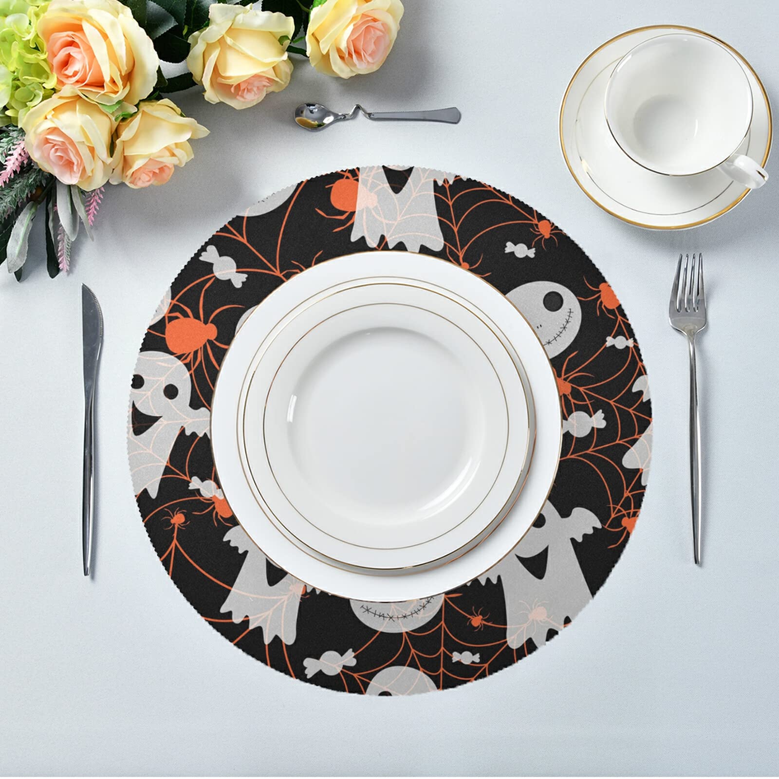 Halloween Spider Ghost Placemats Set of 6 - Washable for Kitchen Table & Party Decor