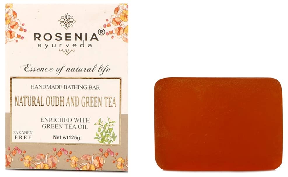 Rosenia Ayurveda Natural Oudh & Green Tea Handmade Soap Bar | Organic Bath Soap for Sensitive Skin | Perfect for Relaxing Baths & Aromatherapy
