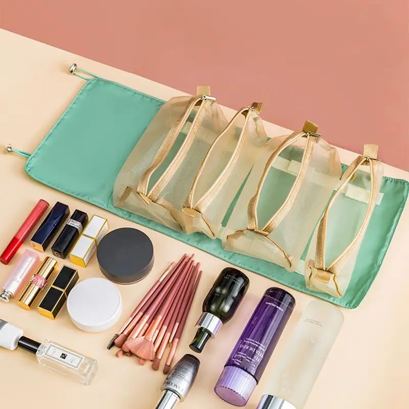 AMENDAS 4-Compartment Makeup Pouch & Toiletry Bag for Women | Foldable Travel Cosmetic Organizer | Detachable Vanity Box (Multicolor) | Perfect for Travel, Gym & Daily Beauty Essentials Storage