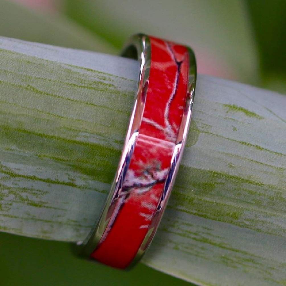 Red Camo Ring for Women & Men - Cherry Blossom Camo Stainless Steel Wedding Band - Engagement, Promise & Couple Rings - Durable & Hypoallergenic Jewelry for Outdoor Weddings, Hunting & Military Ceremonies