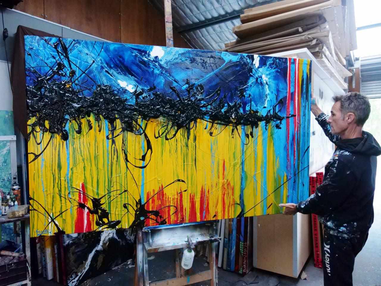 200cm x 120cm Yellow Blue Textured Abstract Canvas Art - Modern Large Wall Painting for Living Room, Bedroom & Office Decor