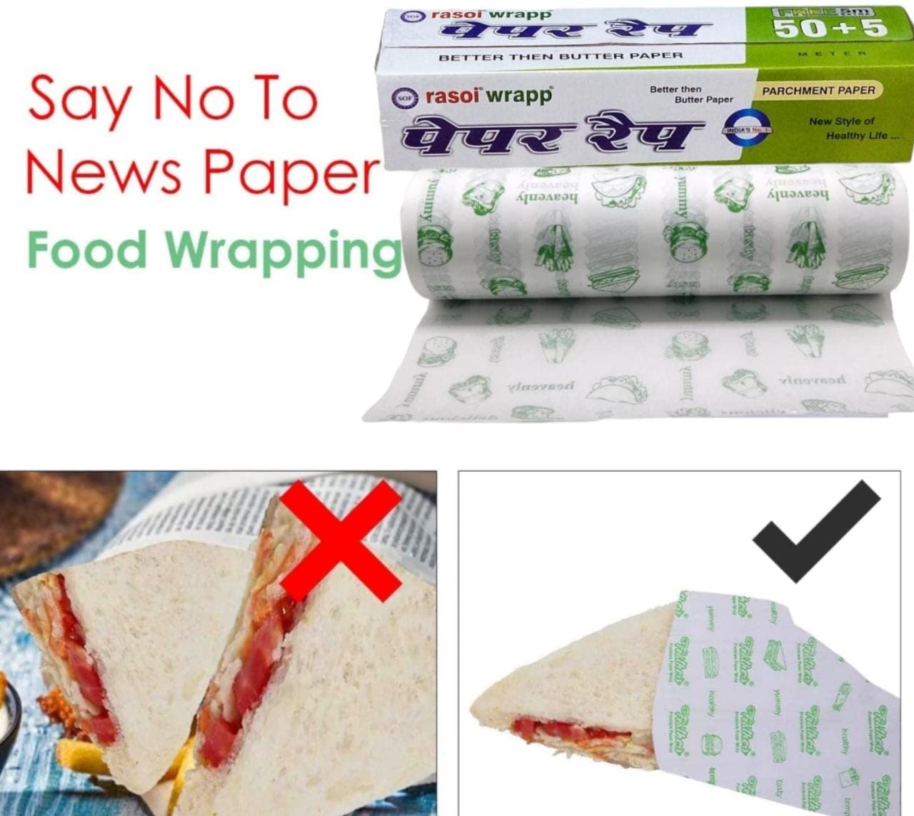 RASOI Roti Wrap | Chapati Wrap | 55M Food Wrapping Paper Roll | Non-Stick Butter Paper Foil for Indian Breads | Perfect for Roti, Chapati, Paratha Storage & Meal Prep