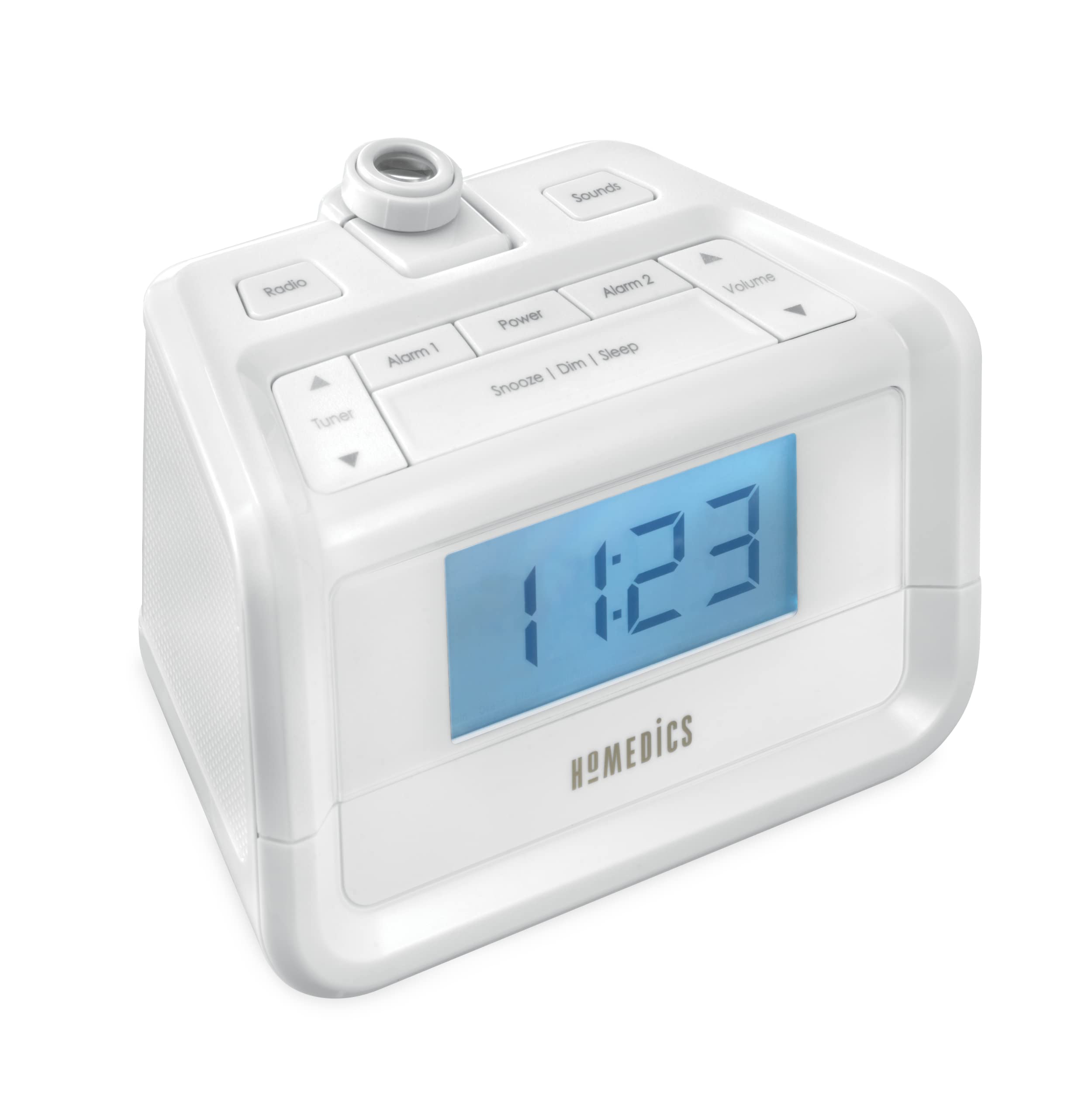 Homedics Dual Alarm Digital FM Clock Radio with Time Projection - 8 Relaxing Nature Sounds, LED Display, Multi-Alarm Snooze, Sleep Timer & Nightlight - White SoundSpa for Bedroom, Office, Travel & Home Use