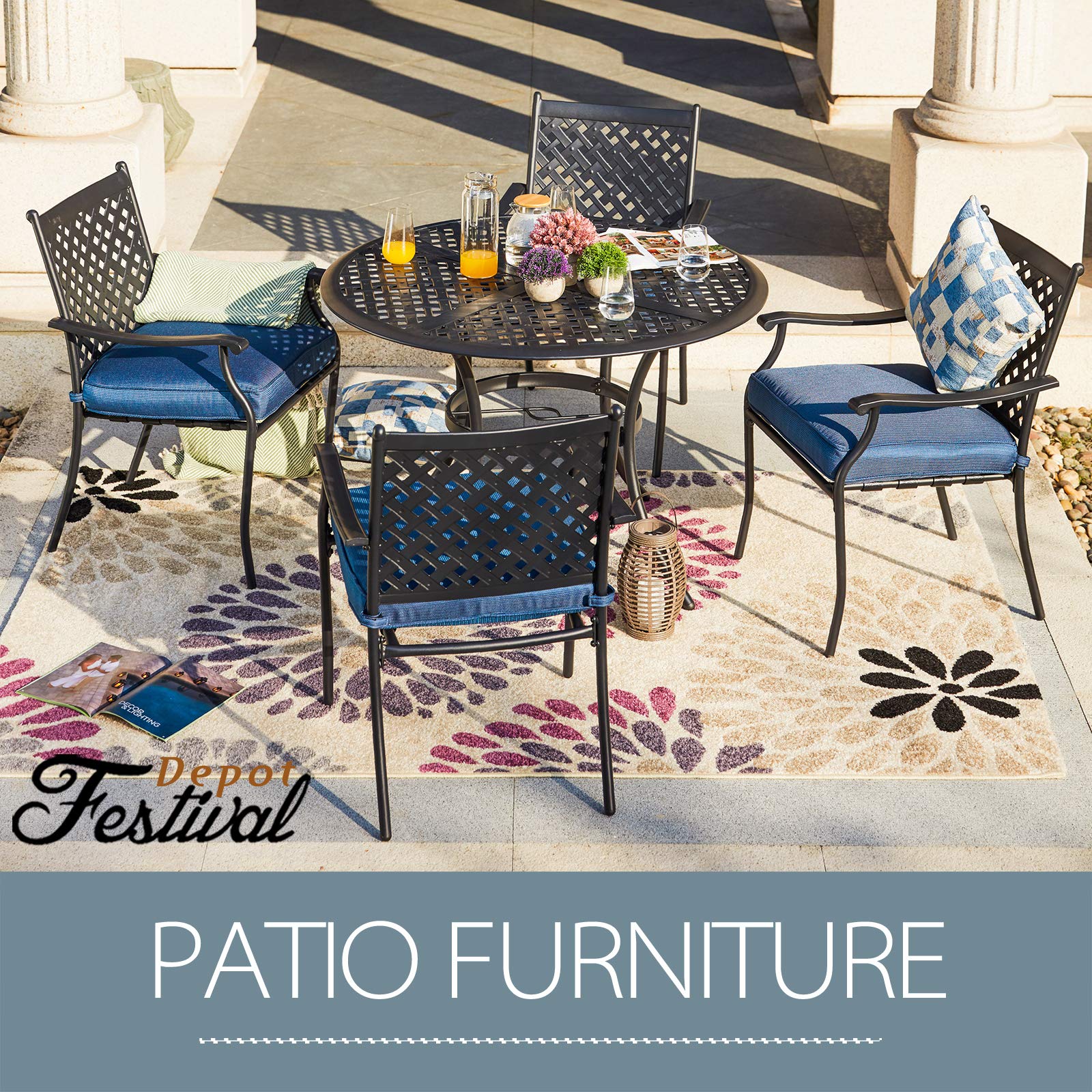 5-Piece Patio Dining Set - 4 Wrought Iron Armchairs with Cushions & Round Black Table (2.04
