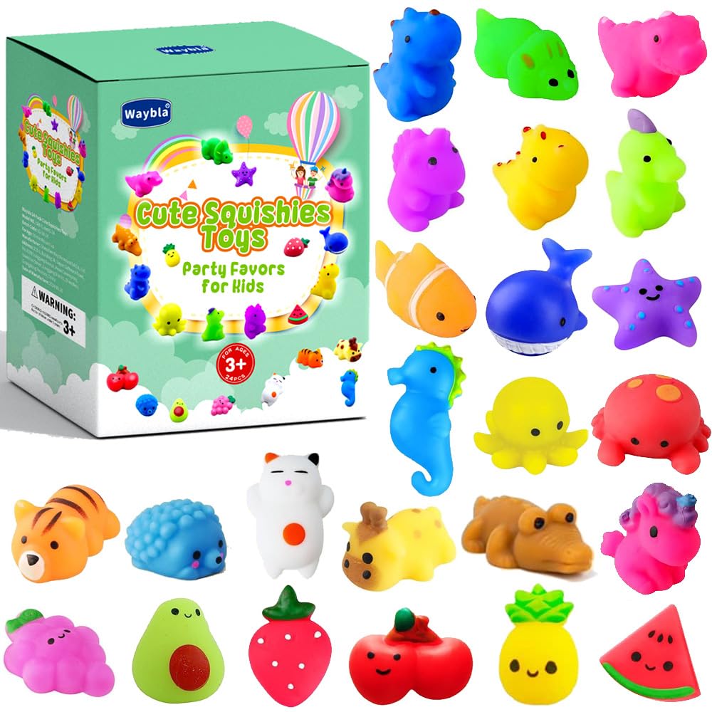 24-Piece Kawaii Squishy Toys Set - Cute Cat, Dinosaur, Fruit & Mochi Stress Relief Toys for Kids | Party Favors, Goodie Bag Fillers, Birthday Gifts | Anxiety Relief, Sensory Play & Classroom Rewards