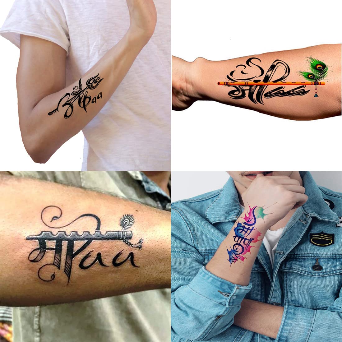 Pack of 4 Flute Feather Mom Dad Temporary Tattoos - Waterproof Fake Body Art Stickers for Men & Women (2x4 Inch) - Perfect for Parties, Festivals & Family Events