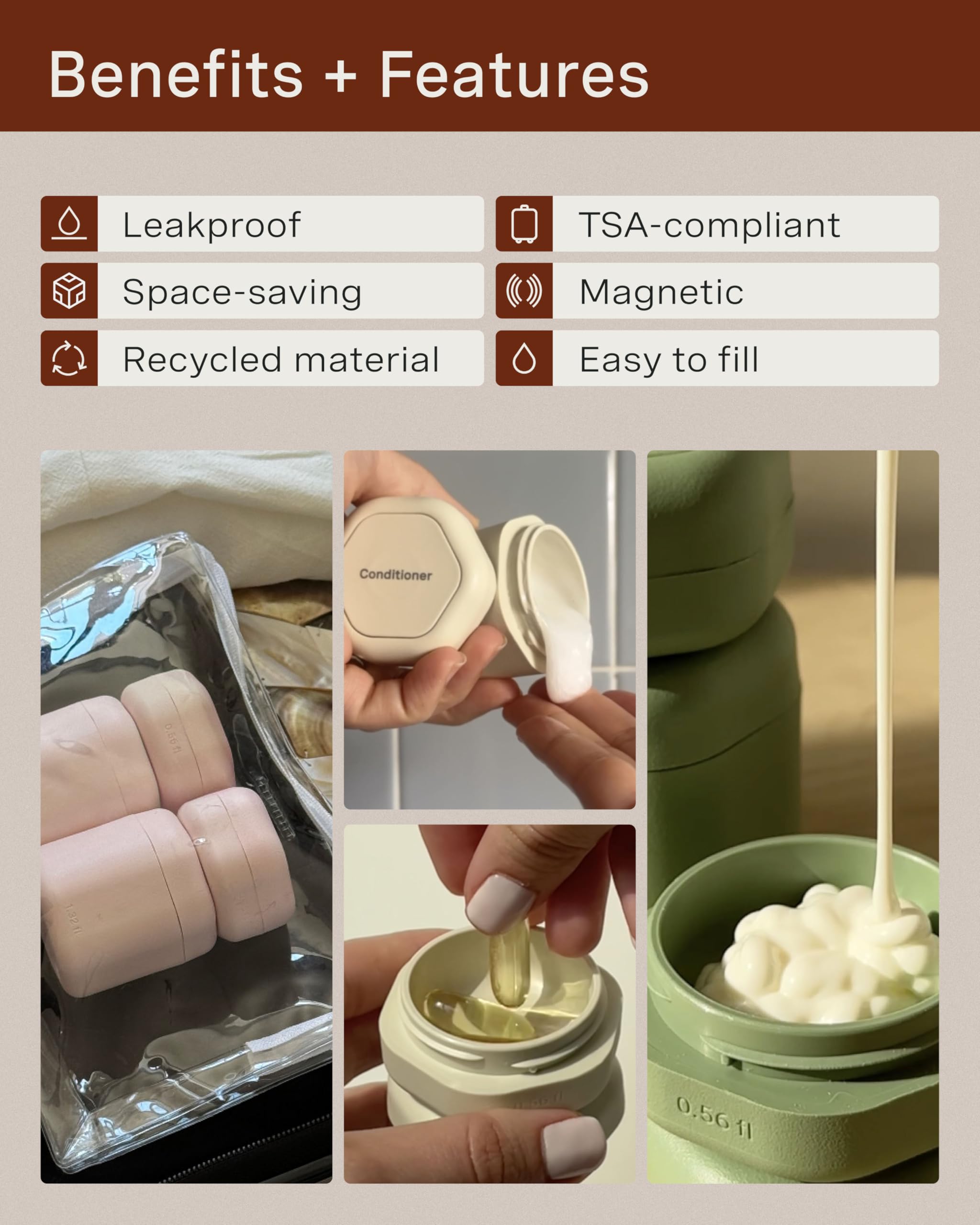 Cadence Travel Containers - Magnetic Leakproof Capsule Set for Shampoo, Conditioner, Body Wash & Pills - 4 Medium (1.32oz) & 3 Small (0.56oz) Flex Containers - Sand Color - Perfect for Gym, Travel & Daily Essentials Organization