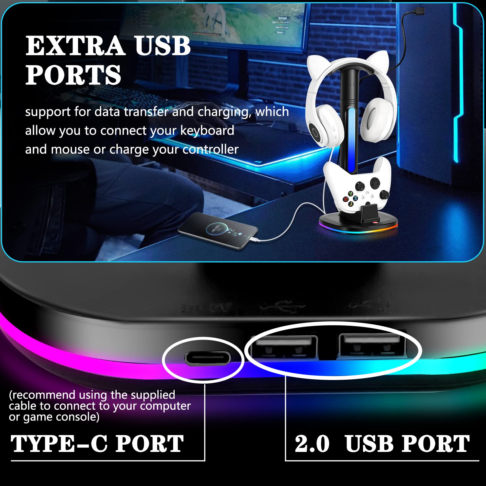 Xbox Controller Charger Station with RGB Headphone Stand - Dual USB Port Charging Dock for Xbox Series X|S, Elite 2, One X, One S & One Elite Controllers - Perfect Gaming Setup Accessory for Xbox Charging & Headset Organization