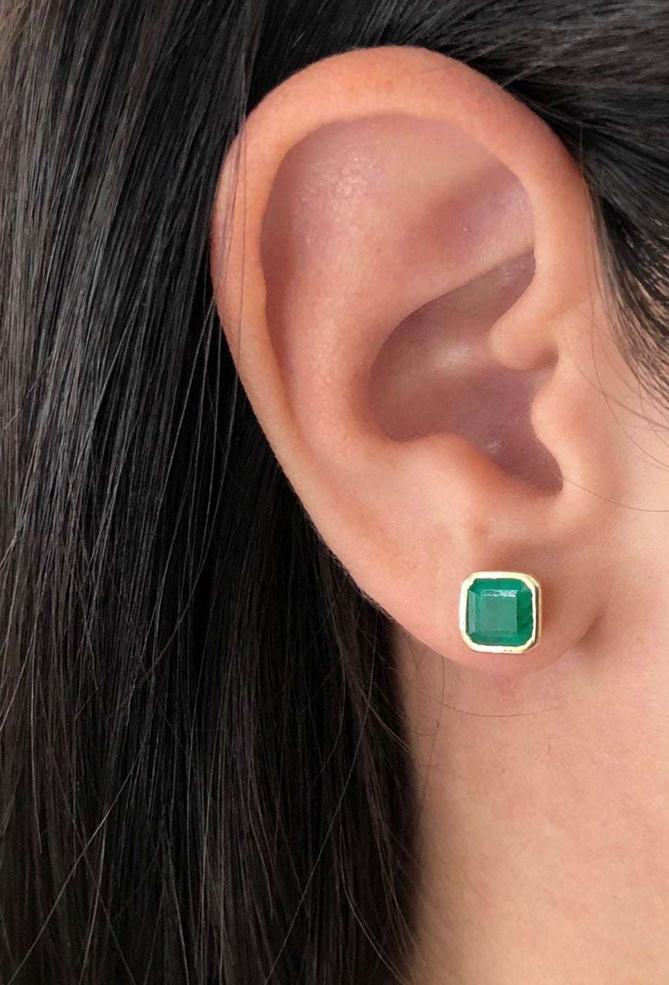 2.20tcw Asscher Cut Natural Dark Green Emerald Earrings - 14K Gold Bezel Set for Women | Perfect for Weddings, Parties & Special Occasions