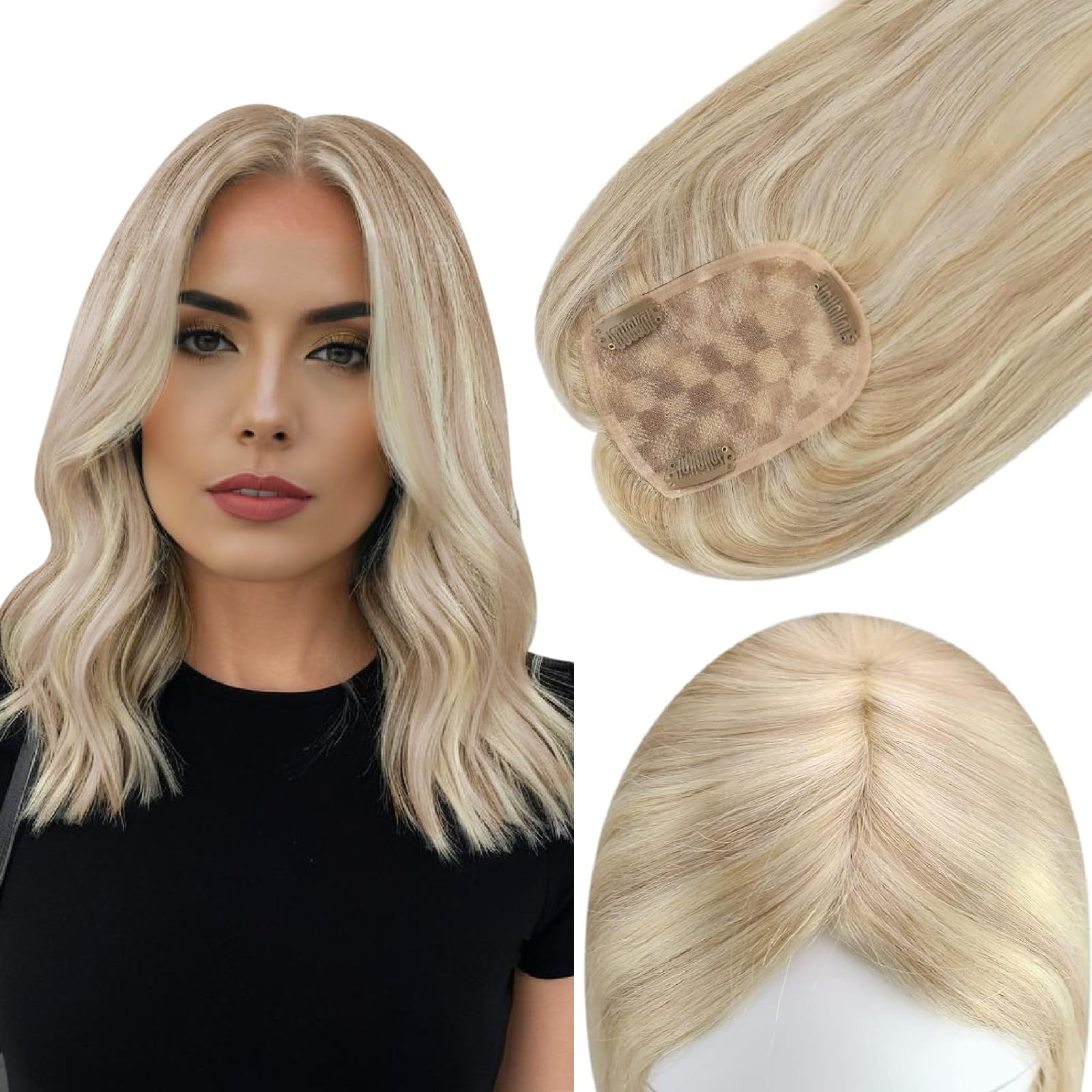 Full Shine Human Hair Toppers for Women with Thinning Hair - 16 Inch Clip-in Hairpiece in Ash Blonde & Blonde (Color 18P613) | Natural Looking Top Wiglets for Daily Wear & Special Occasions