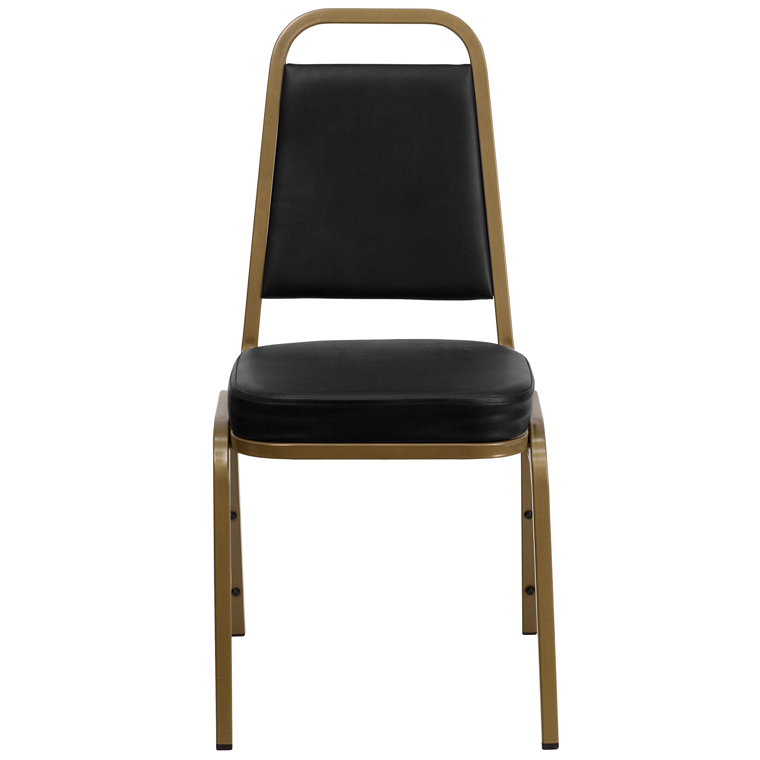 4 Pack Black Vinyl Trapezoidal Stacking Banquet Chairs with Gold Frame - Perfect for Weddings, Events, and Conference Room Seating