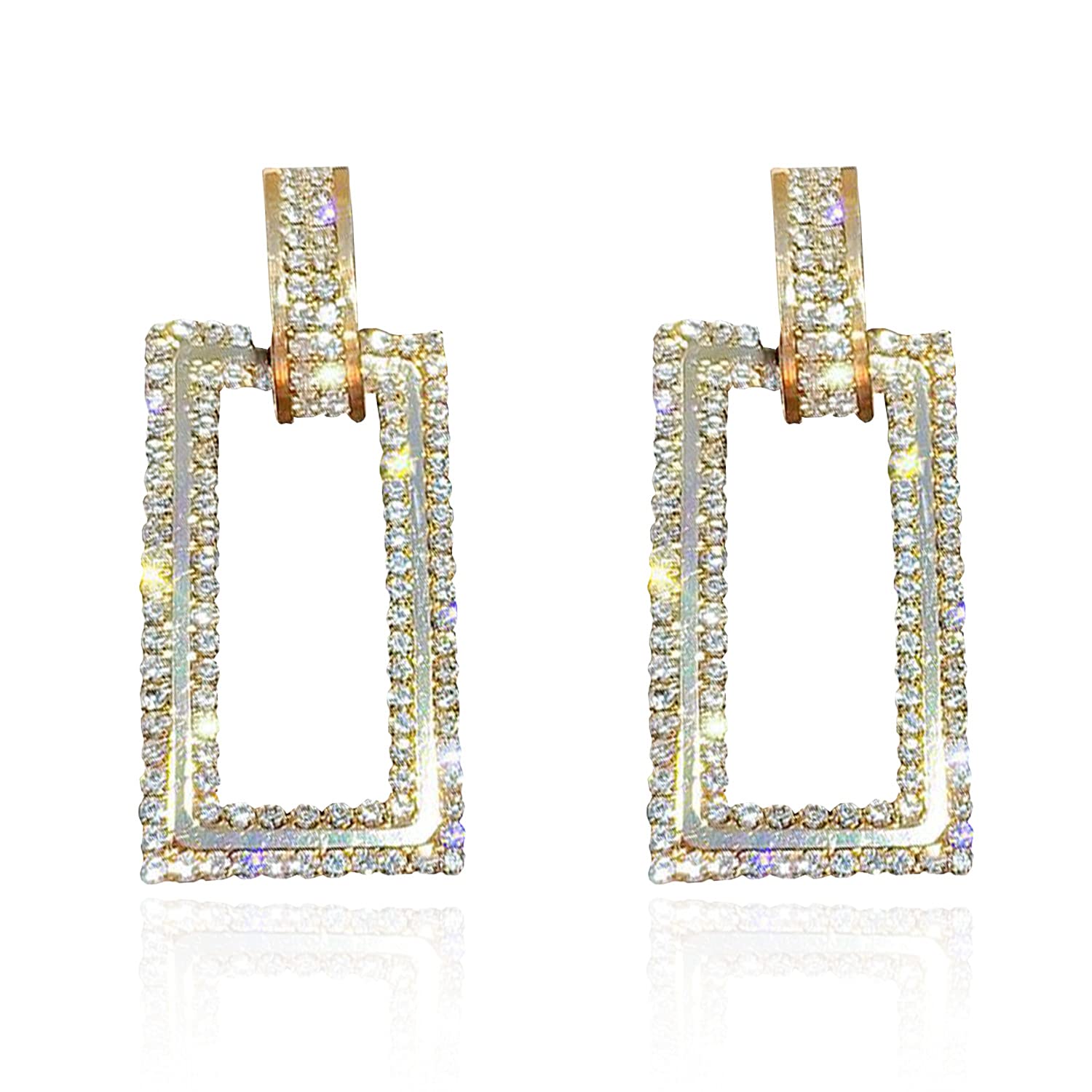 KaFu Fashion Statement Long Drop Earrings - Boho Large Metal Rectangle Geometric Dangle Earrings with Rhinestones - Elegant Women's Jewelry Gift for Parties, Weddings & Special Occasions