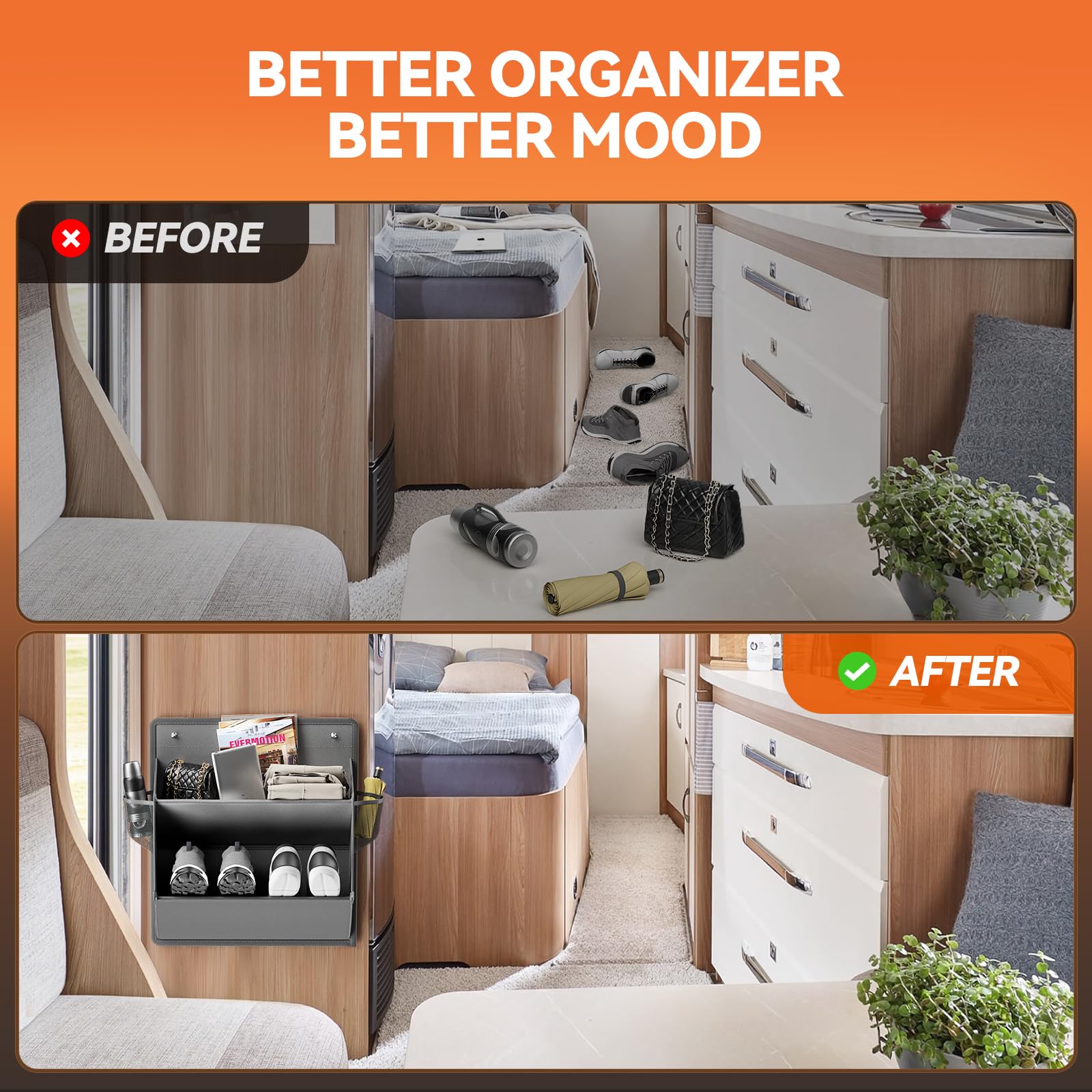 2 Pack RV Shoe Organizer with Sticky Adhesive Tape - Over The Door Hanging Shoe Storage with Deep Pockets for Campers, Space Saving Wall Mount Closet Organizer (Grey) - Perfect for RVs, Trailers, Tiny Homes & Small Closets