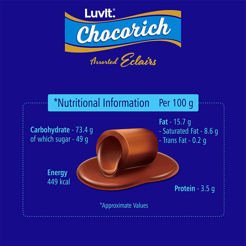 LuvIt Chocorich Assorted Eclairs - Hazelnut, Dark Chocolate & Milk Chocolate | 60 Pieces per Pouch | Pack of 2 (480g Each) | Perfect for Birthday Parties, Office Snacks & Gift Baskets