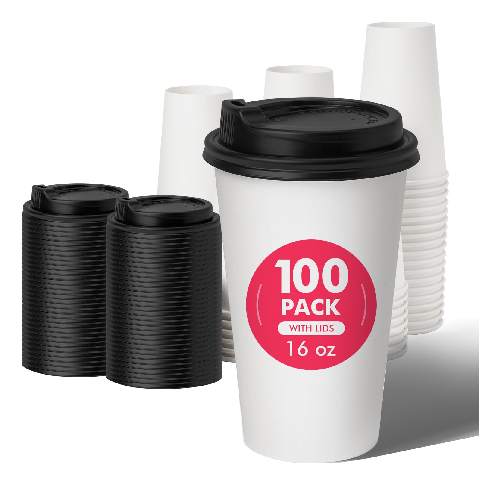 RACETOP 16 oz Disposable Paper Coffee Cups with Lids - 100 Pack Hot Drink Cups for Coffee, Tea, Cocoa - Perfect for Home, Office, Cafes & Parties