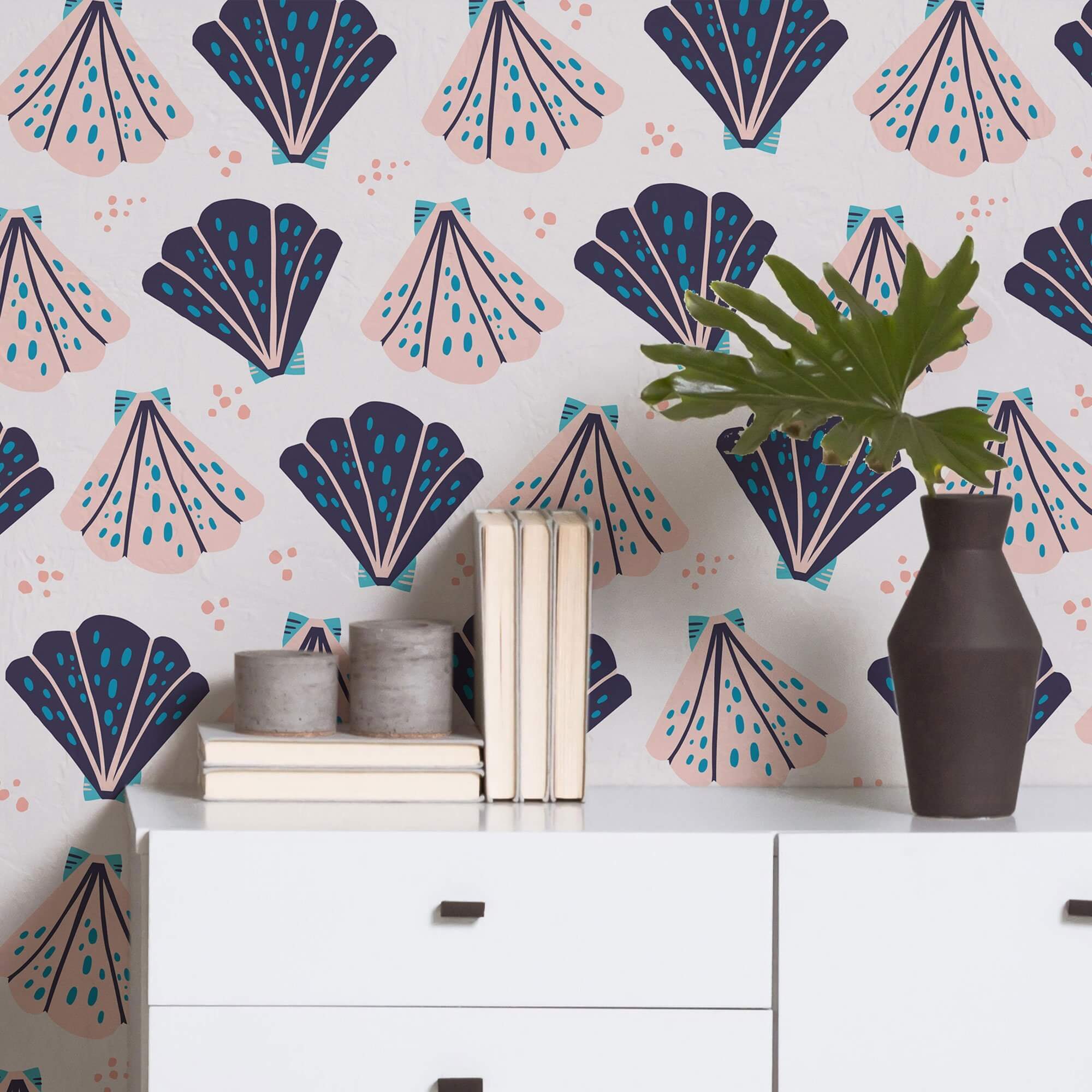 Pink and Purple Seashell Themed Peel and Stick Removable Wallpaper - Self-Adhesive Decorative Wall Covering for Bedroom, Nursery, Bathroom, and Living Room