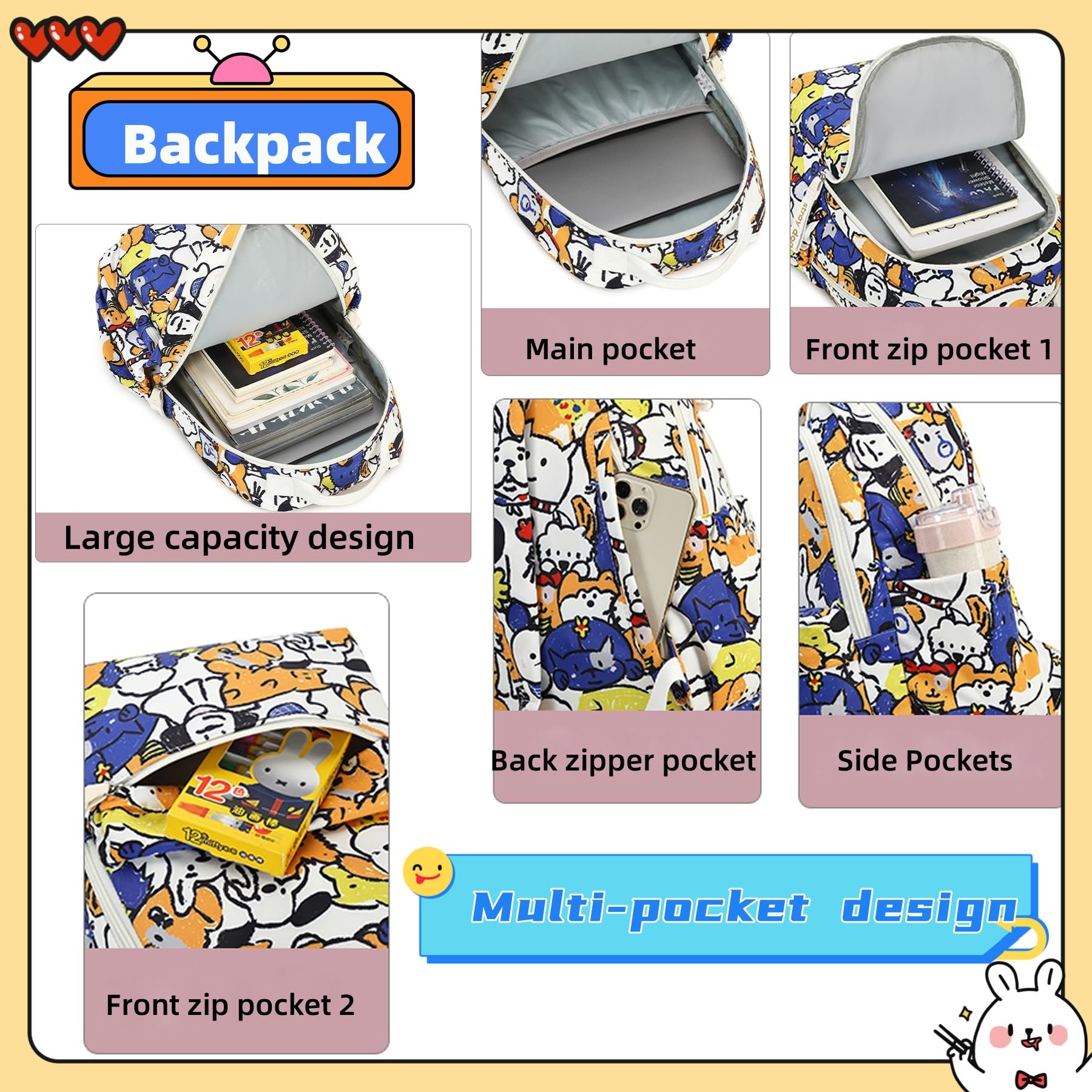 Cute Dog Print Backpack for Kids - Durable School Bookbag for Elementary Students (Boys & Girls) - Perfect for School, Travel & Daily Use