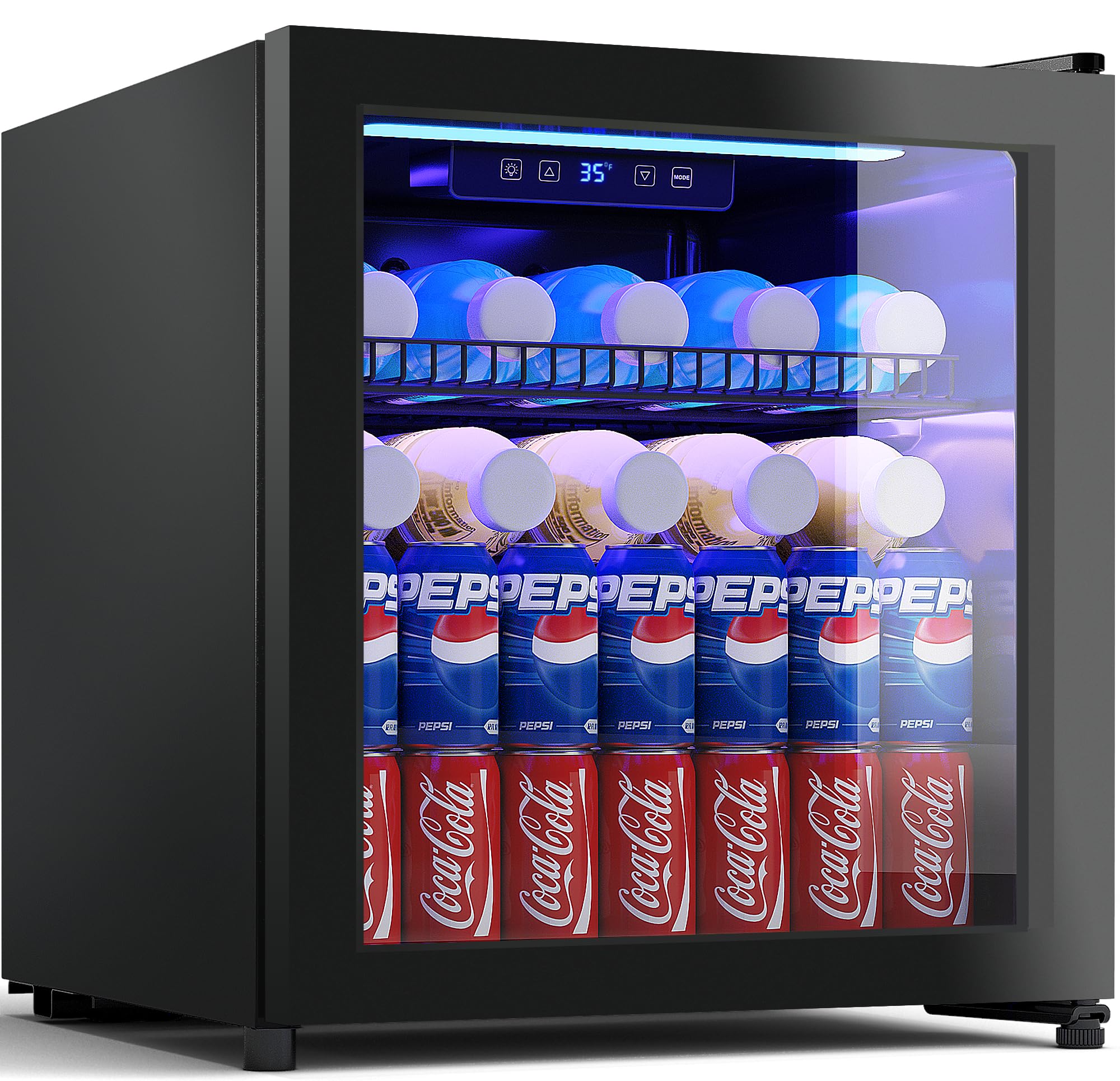 68 Can Mini Fridge - 1.75 Cu Ft Compact Beverage Cooler with Glass Door, Adjustable Shelves & Digital Display | Perfect for Soda, Beer, Wine in Home, Office, Dorm or Bar | Black Freestanding Drink Refrigerator