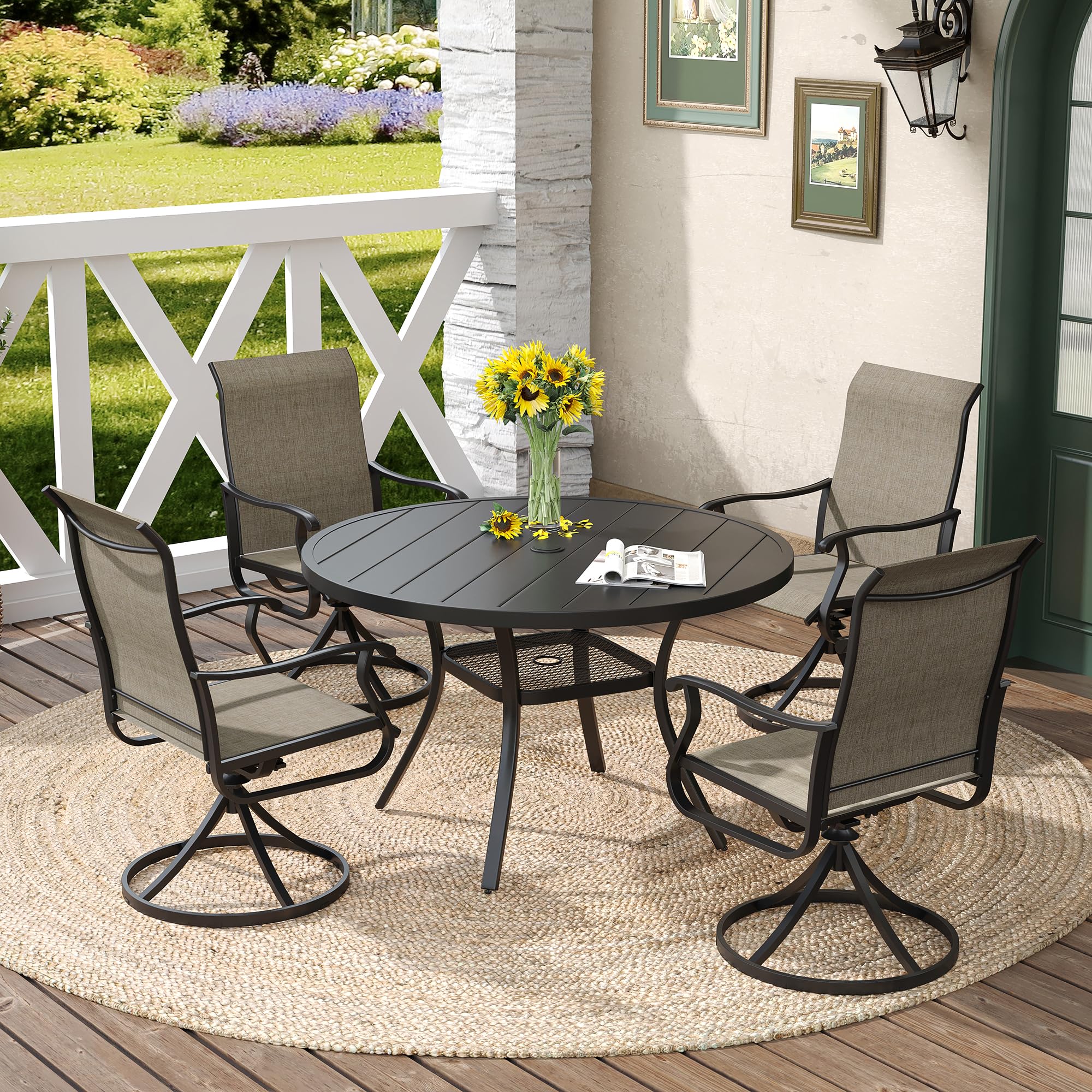 DIFY 4-Person Round Outdoor Dining Table with Umbrella Hole - Weatherproof Patio Table for Garden, Backyard, Porch & Balcony - Perfect for BBQs, Poolside Dining & Outdoor Entertaining (Black)