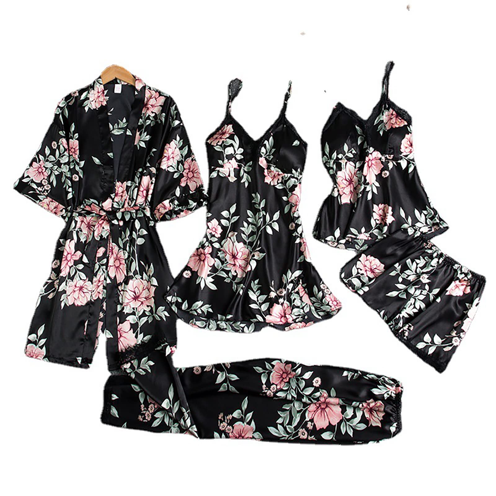 **Women's 5-Piece Satin Pajama Set - Sexy V-Neck Nightdress, Shorts, Long Pants & Robe - Soft Lingerie for Sleepwear & Lounge (Black, XL) - Perfect for Valentine's Day, Honeymoon & Romantic Nights**