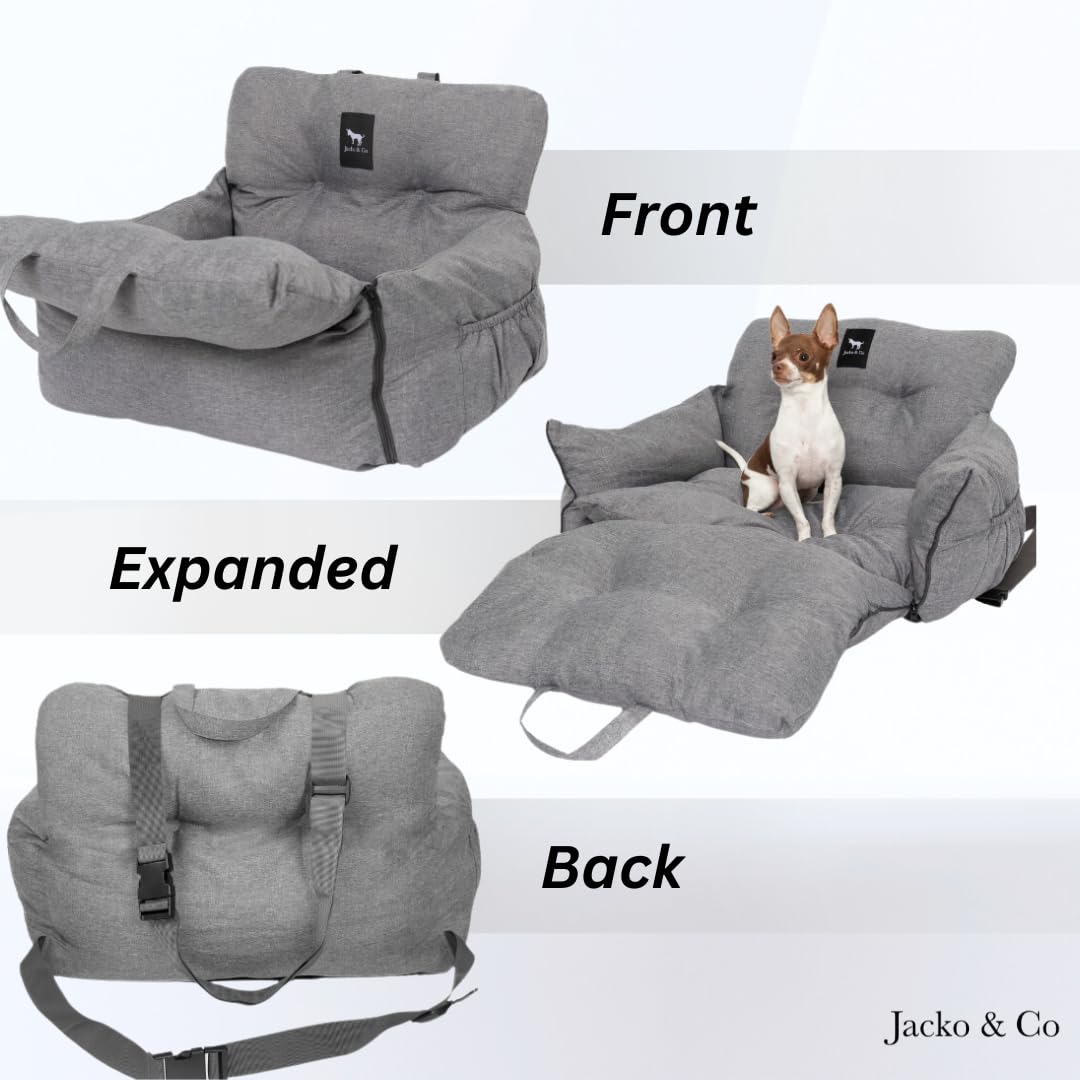 JACKO & CO Premium Dog Car Seat & Travel Bed for Small & Medium Dogs up to 30lbs - Soft Pet Carrier Bag for Puppies & Cats, Water Resistant & Machine Washable (Grey) - Perfect for Road Trips, Vet Visits & Daily Commutes