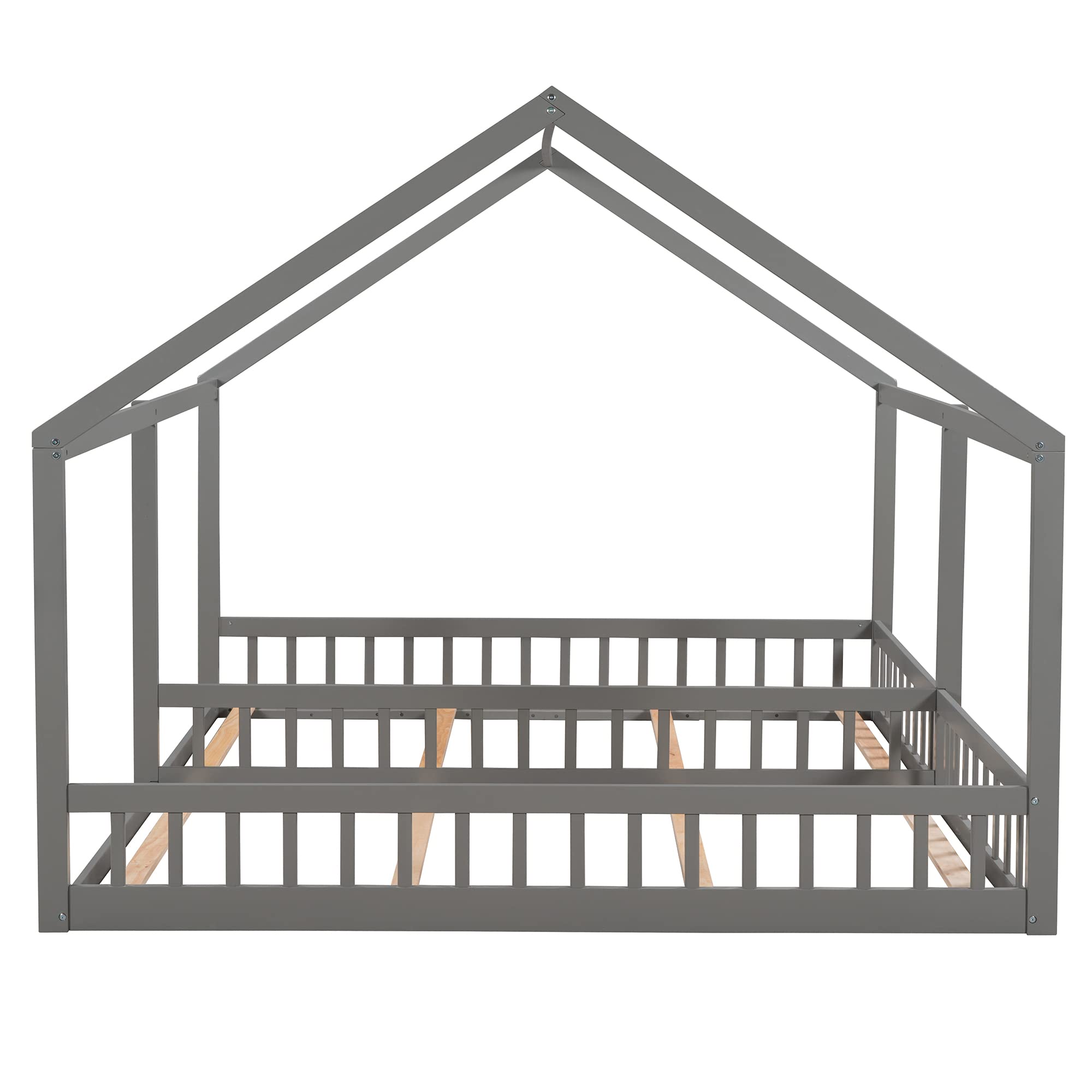 Twin Size House Platform Bed Frame - Solid Pine Wood Kids Bed with Roof - Gray - Perfect for Shared Bedrooms, Playrooms, and Cozy Sleepovers