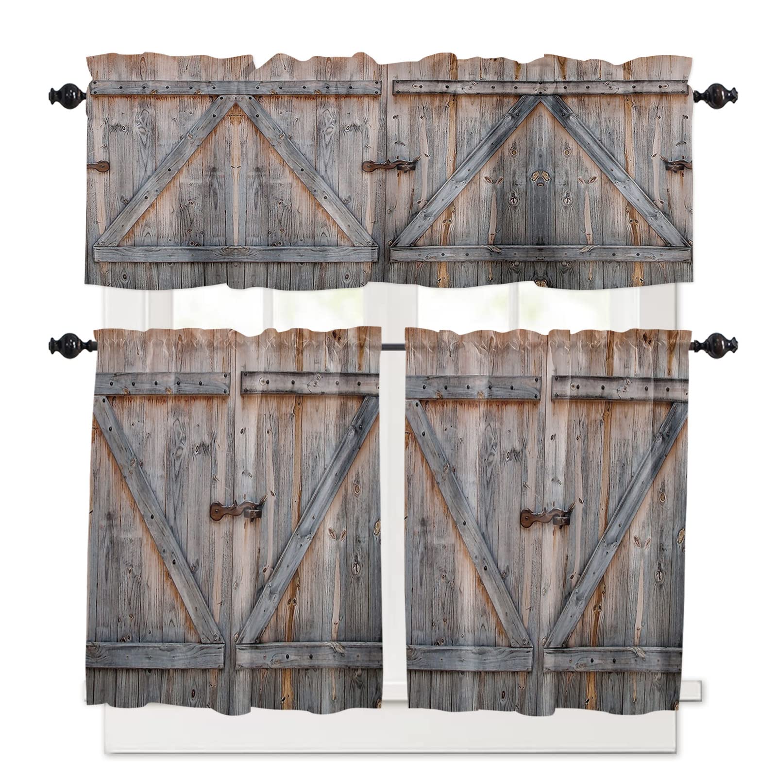 Yomandocix Farmhouse Kitchen Curtain Set - 3 Piece Retro Barn Wood Grain Window Treatment with Rod Pocket, 54x18in Valance + 27.5x36in Tier Curtains (36 Inch Length) - Perfect for Country Style Kitchens, Breakfast Nooks & Cottage Decor