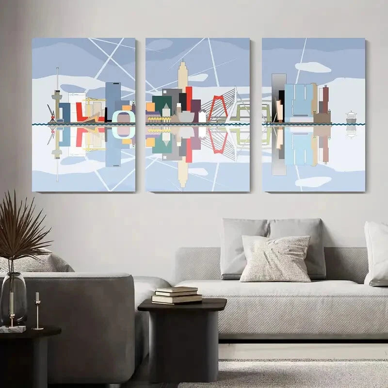 3-Piece Abstract City Skyline Metal Wall Art - Modern Geometric Urban Decor - Ready to Hang Canvas Prints for Living Room, Bedroom & Office Decor