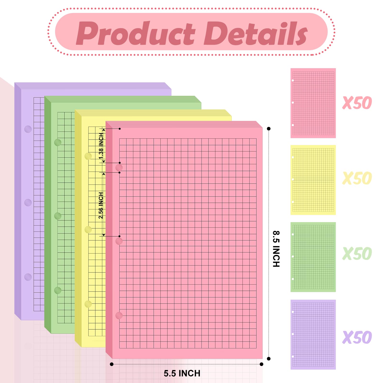200-Sheet Half Letter Graph Paper Refill - 3 Hole Punch, 5.5